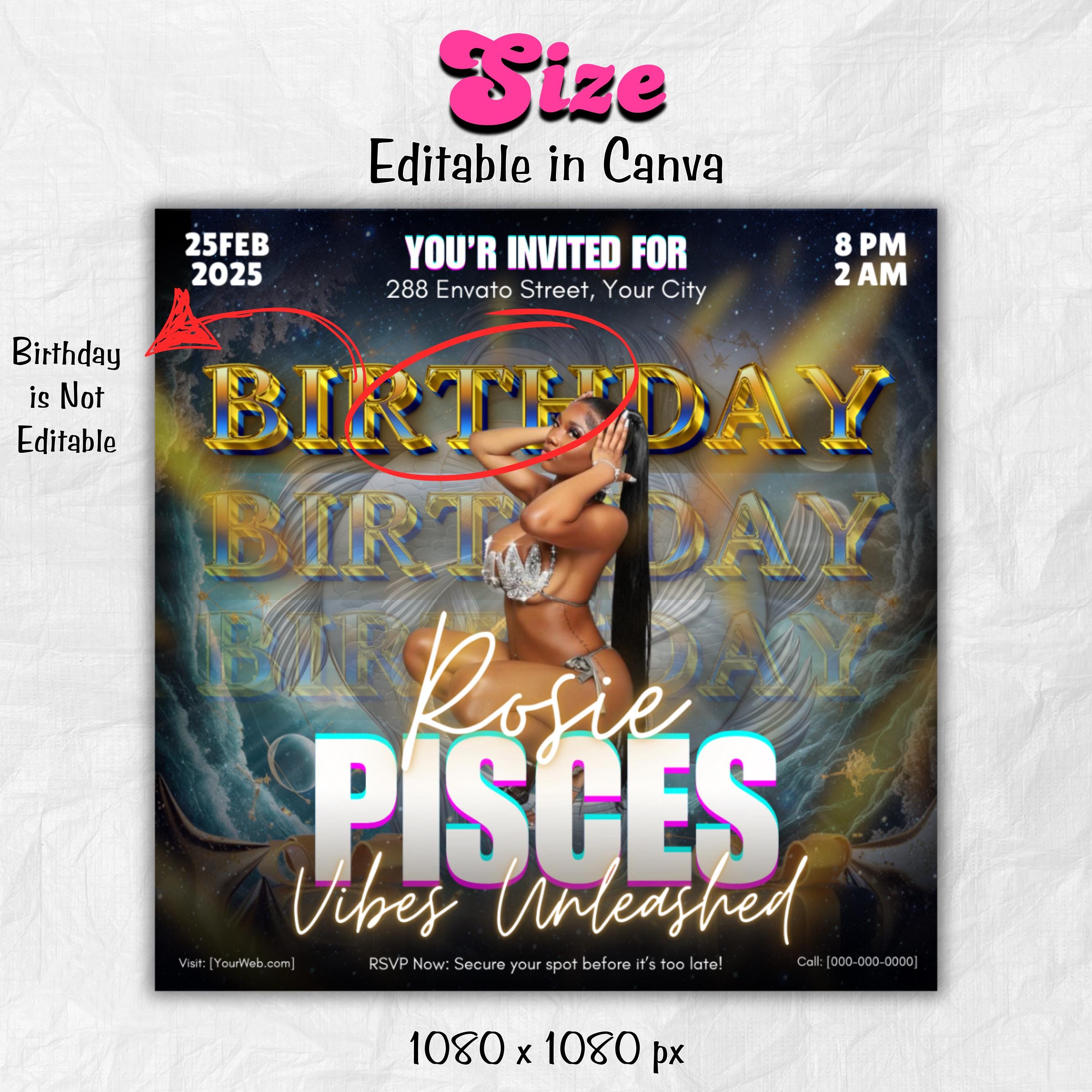 Pisces Birthday Flyer, Pisces Flyer, Birthday flyer, Pisces Bash Flyer, Bday Flyer, Birthday Event, Invitation Flyer, Canva Template