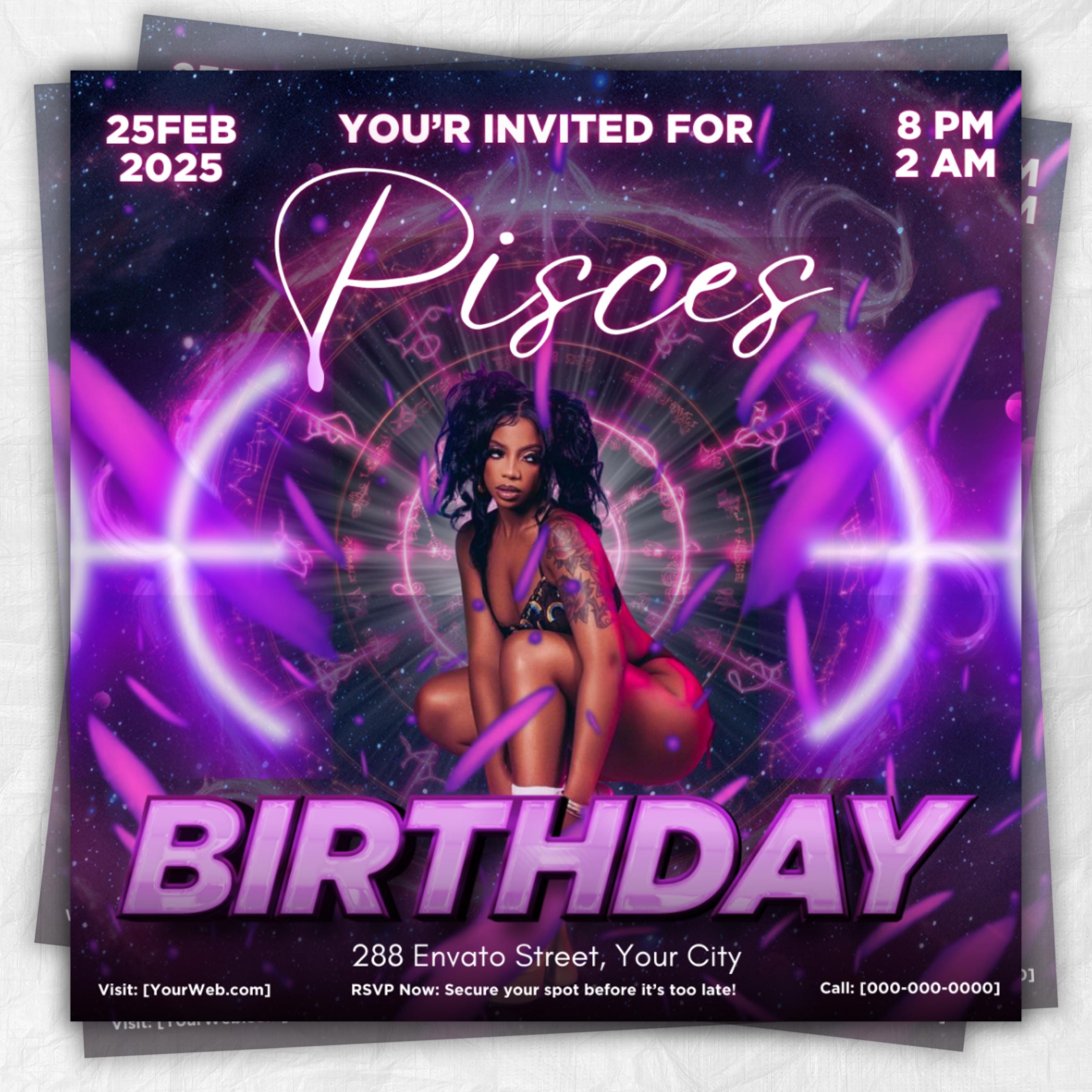 Pisces Birthday Flyer, Pisces Flyer, Birthday flyer, Pisces Bash Flyer, Bday Flyer, Birthday Event, Invitation Flyer, Canva Template
