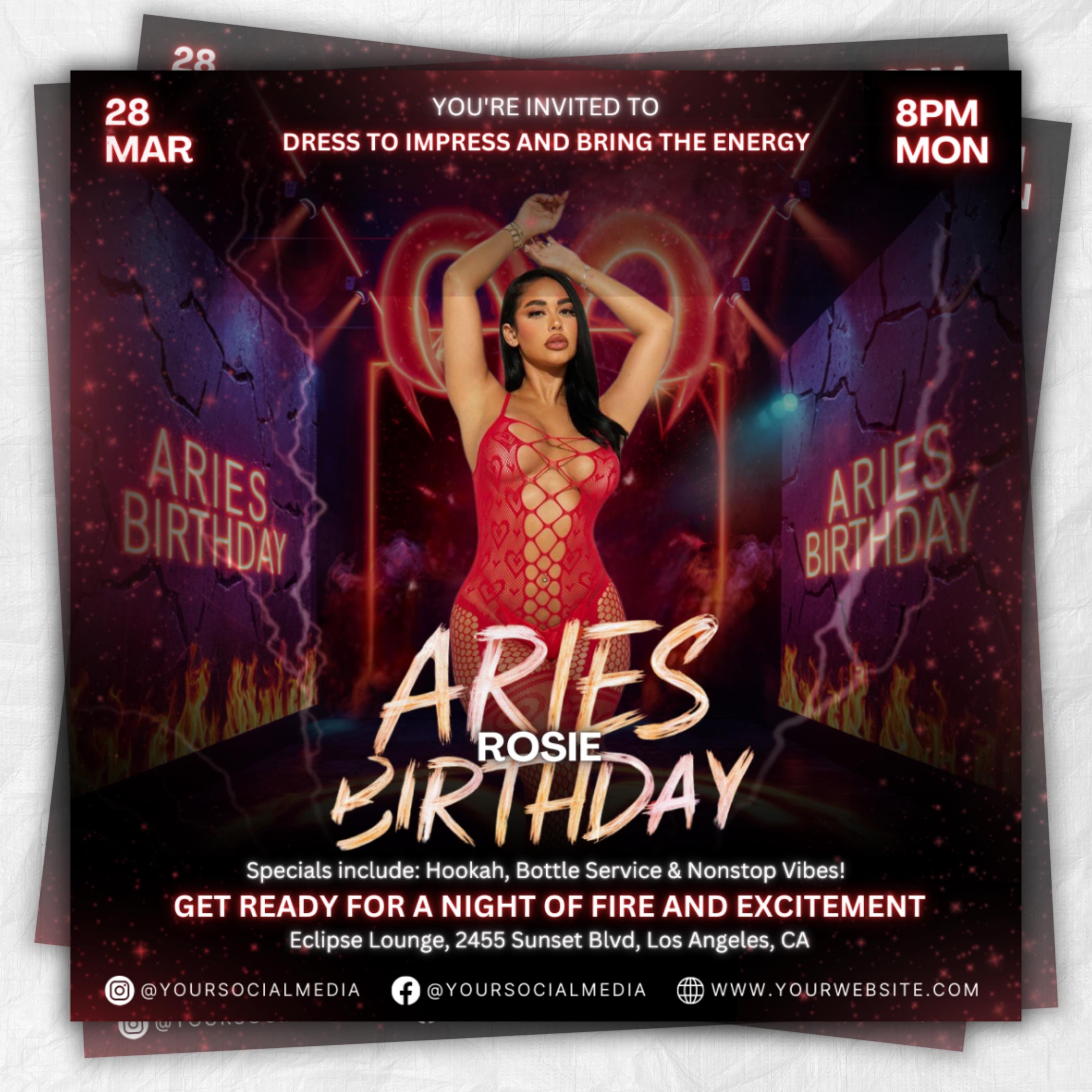 Aries Birthday Flyer, Birthday Flyer Templates, Girl Birthday Party Flyer, Celebration Flyer, Black & Red Birthday Event Flyer Invitation