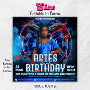 Aries Birthday Flyer, Birthday Flyer Templates, Girl Birthday Party Flyer, Celebration Flyer, Blue Aries Birthday Event Flyer Invitation
