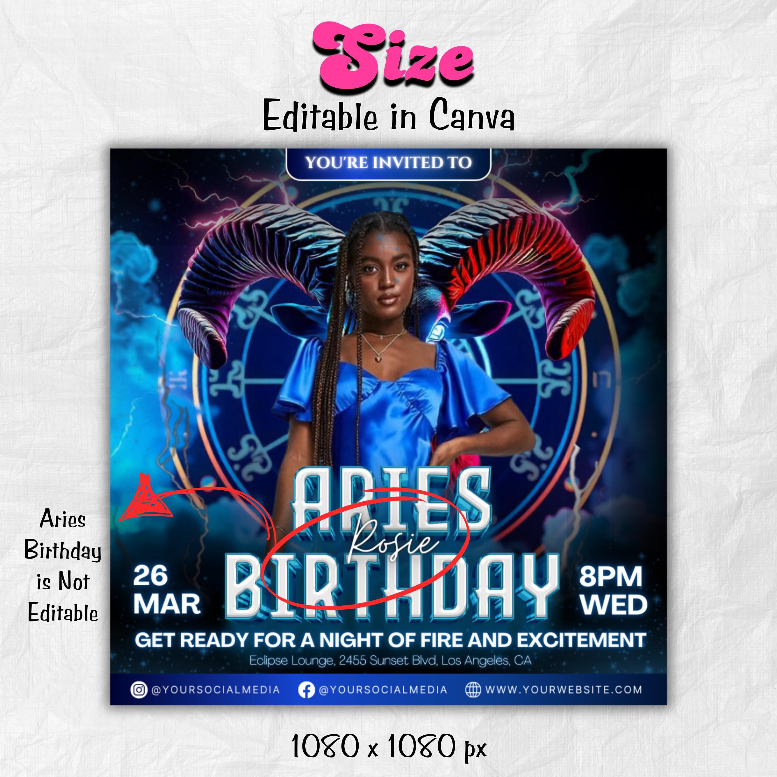 Aries Birthday Flyer, Birthday Flyer Templates, Girl Birthday Party Flyer, Celebration Flyer, Blue Aries Birthday Event Flyer Invitation