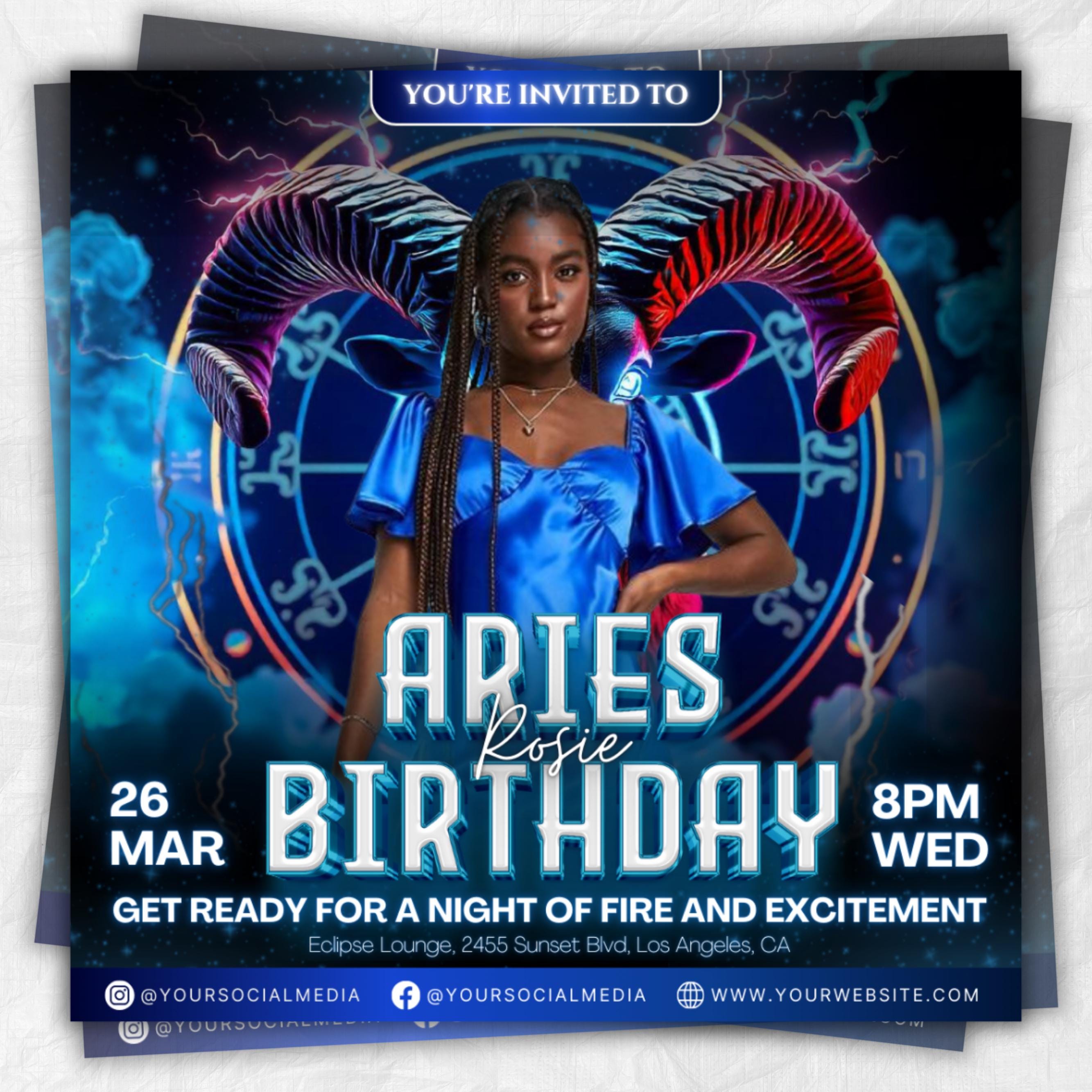 Aries Birthday Flyer, Birthday Flyer Templates, Girl Birthday Party Flyer, Celebration Flyer, Blue Aries Birthday Event Flyer Invitation