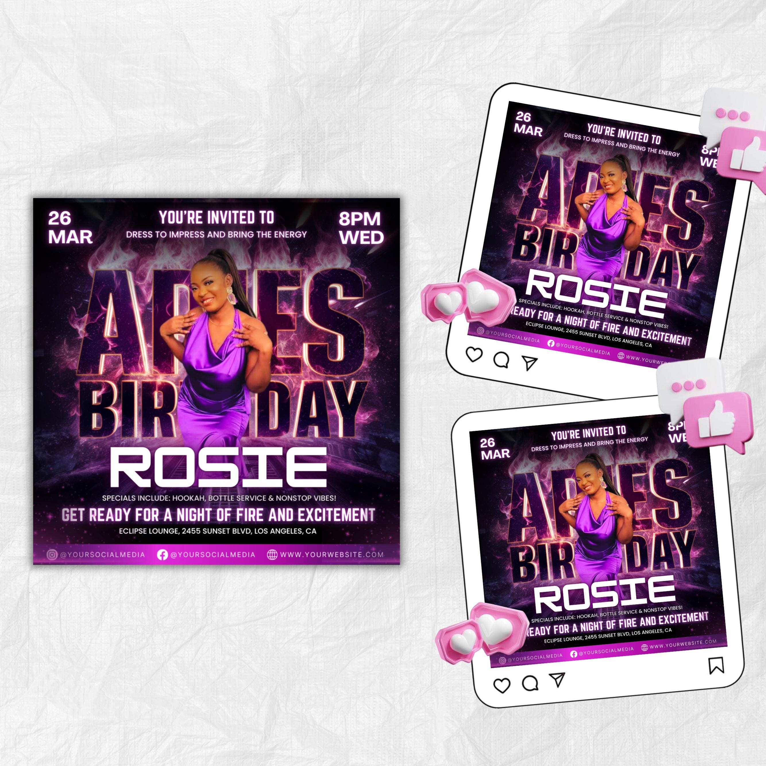 Aries Birthday Flyer, Birthday Flyer Templates, Girl Birthday Party Flyer, Celebration Flyer, Black & Purple Birthday Event Flyer Invitation