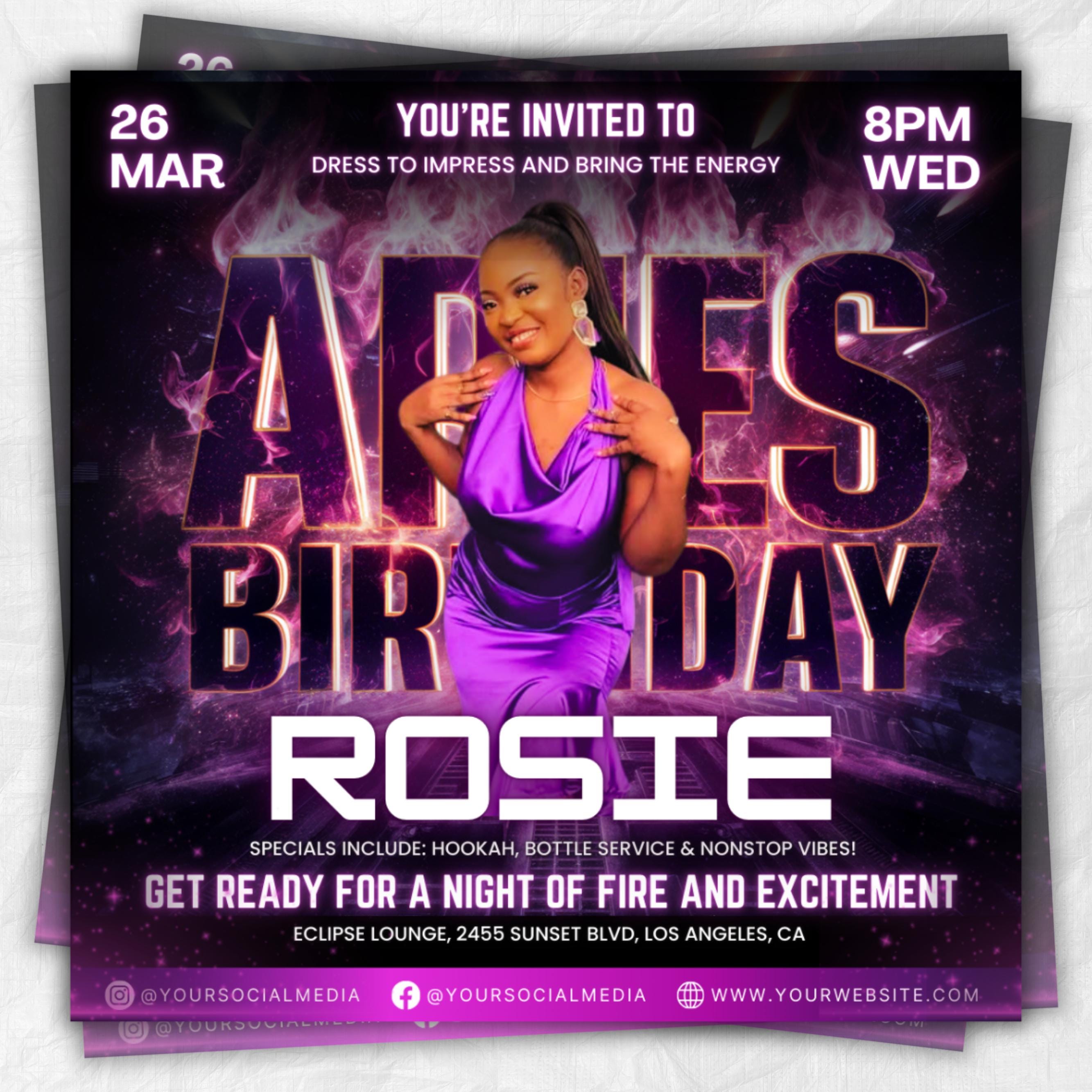 Aries Birthday Flyer, Birthday Flyer Templates, Girl Birthday Party Flyer, Celebration Flyer, Black & Purple Birthday Event Flyer Invitation
