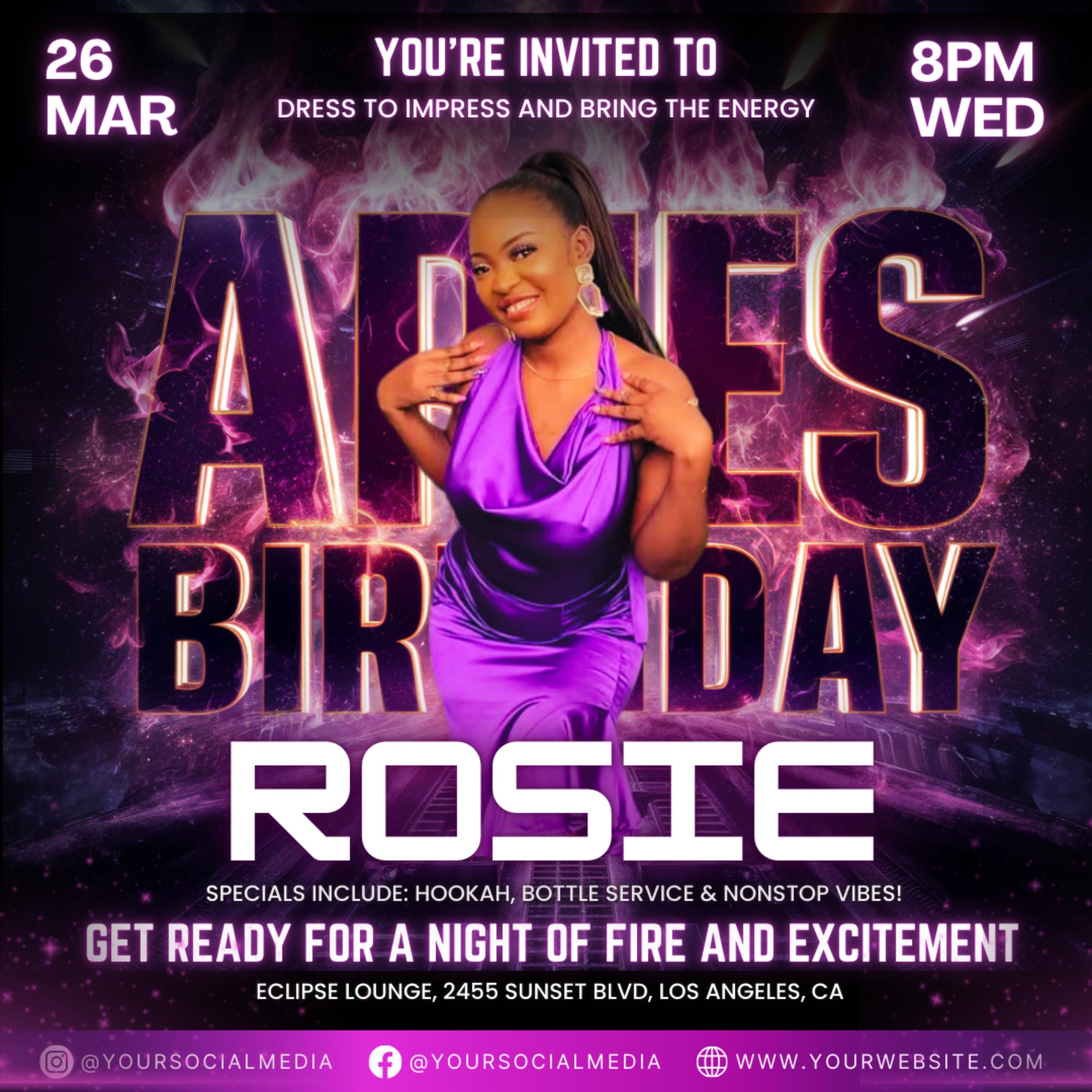 Aries Birthday Flyer, Birthday Flyer Templates, Girl Birthday Party Flyer, Celebration Flyer, Black & Purple Birthday Event Flyer Invitation