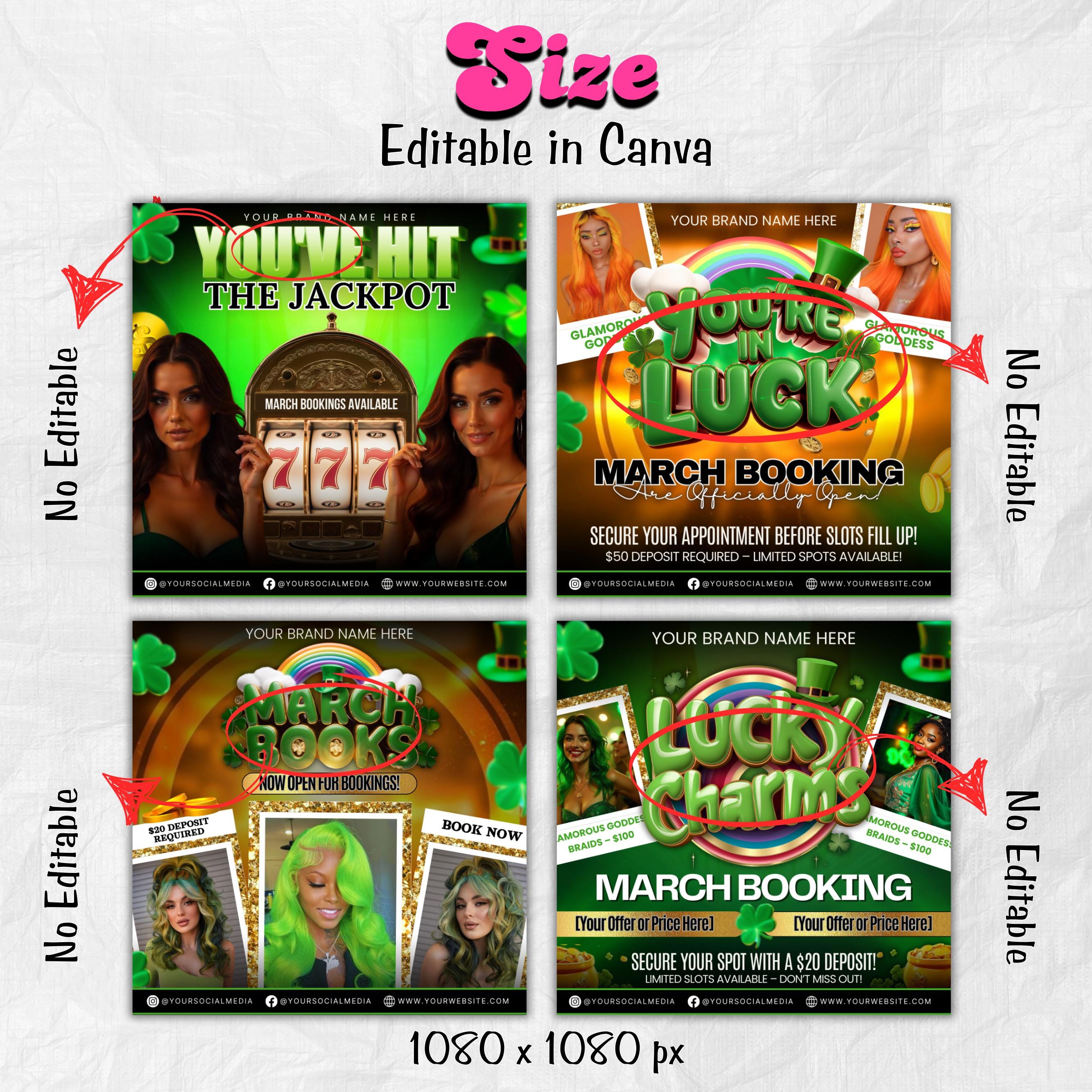 March Booking Flyer Bundle, March Books, St. Patricks Day Flyer,Casino Flyer, Book Now Flyer, Lash Tech Flyer,Hair Nail Flyer Canva Template