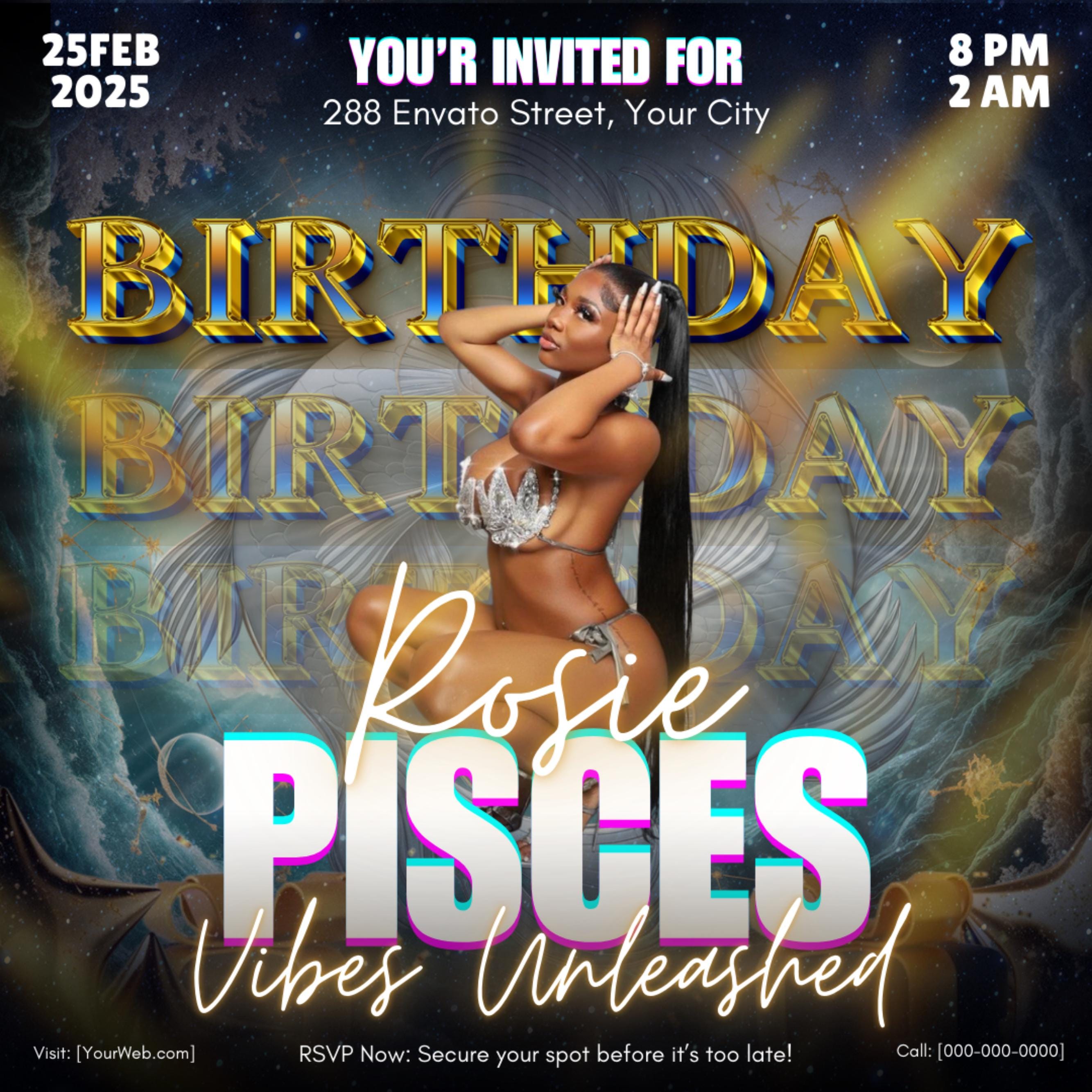 Pisces Birthday Flyer, Pisces Flyer, Birthday flyer, Pisces Bash Flyer, Bday Flyer, Birthday Event, Invitation Flyer, Canva Template