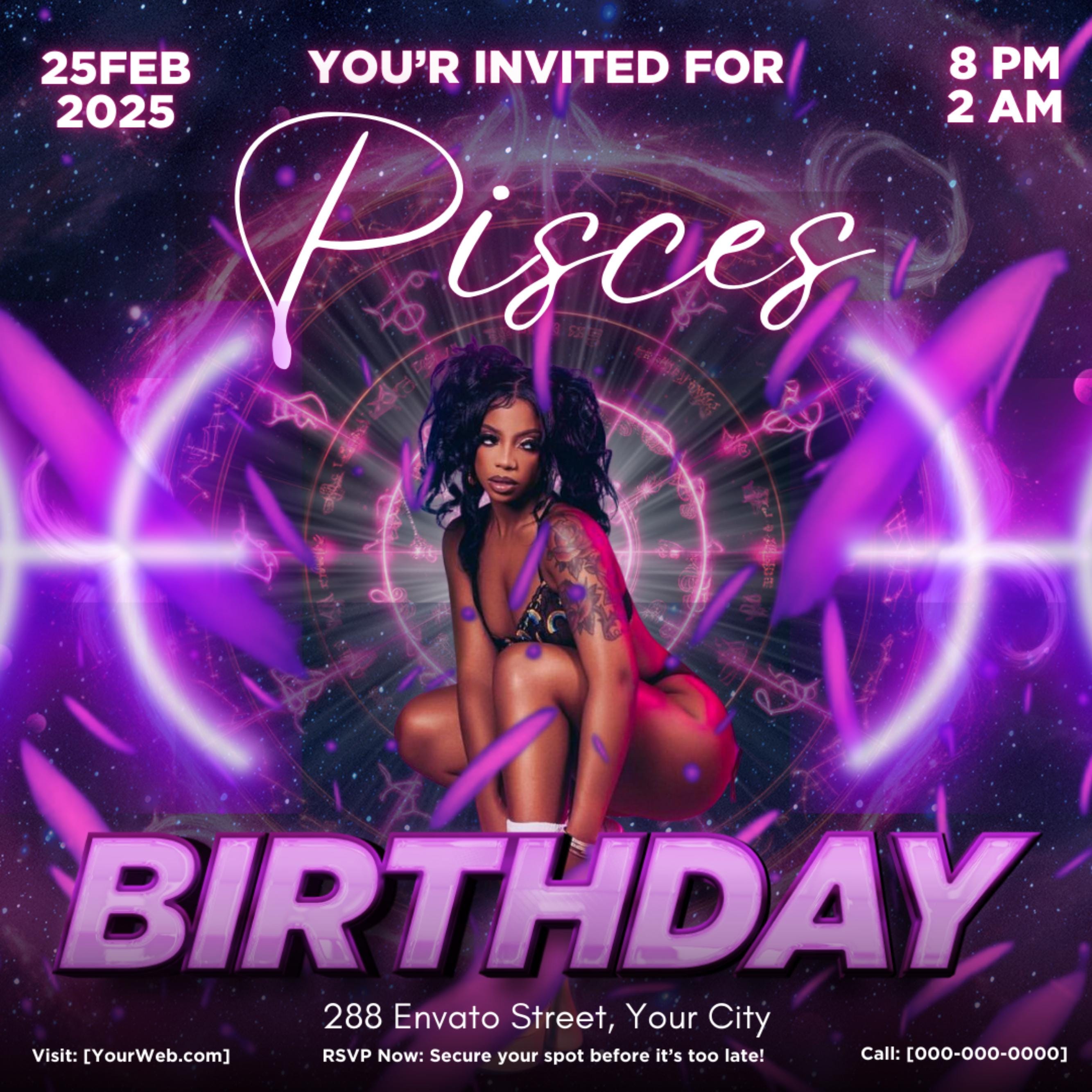 Pisces Birthday Flyer, Pisces Flyer, Birthday flyer, Pisces Bash Flyer, Bday Flyer, Birthday Event, Invitation Flyer, Canva Template