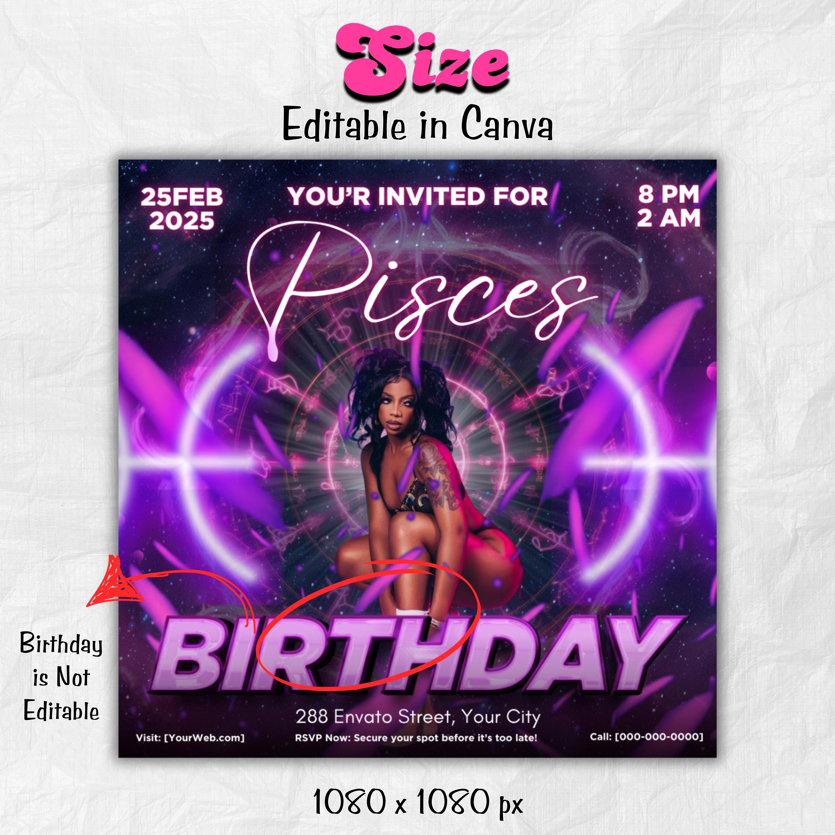 Pisces Birthday Flyer, Pisces Flyer, Birthday flyer, Pisces Bash Flyer, Bday Flyer, Birthday Event, Invitation Flyer, Canva Template