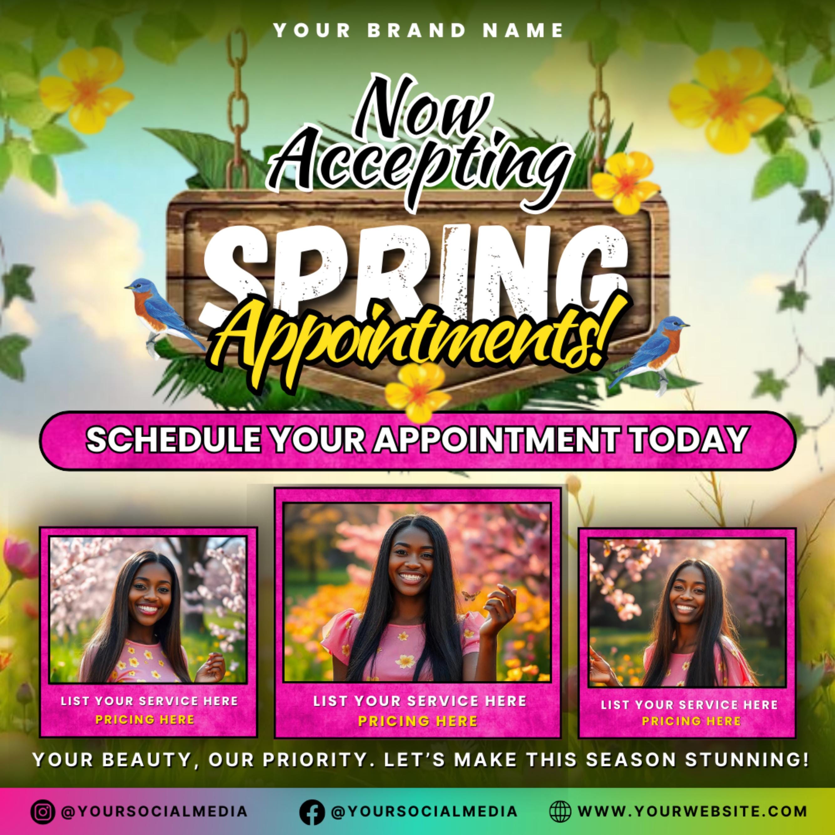 Spring Booking Flyer, Spring Sale, Spring Break Sale Flyer, DIY Flyer Template Design, Spring Flyer, Hair Lash Nail Makeup Braids Wigs Canva