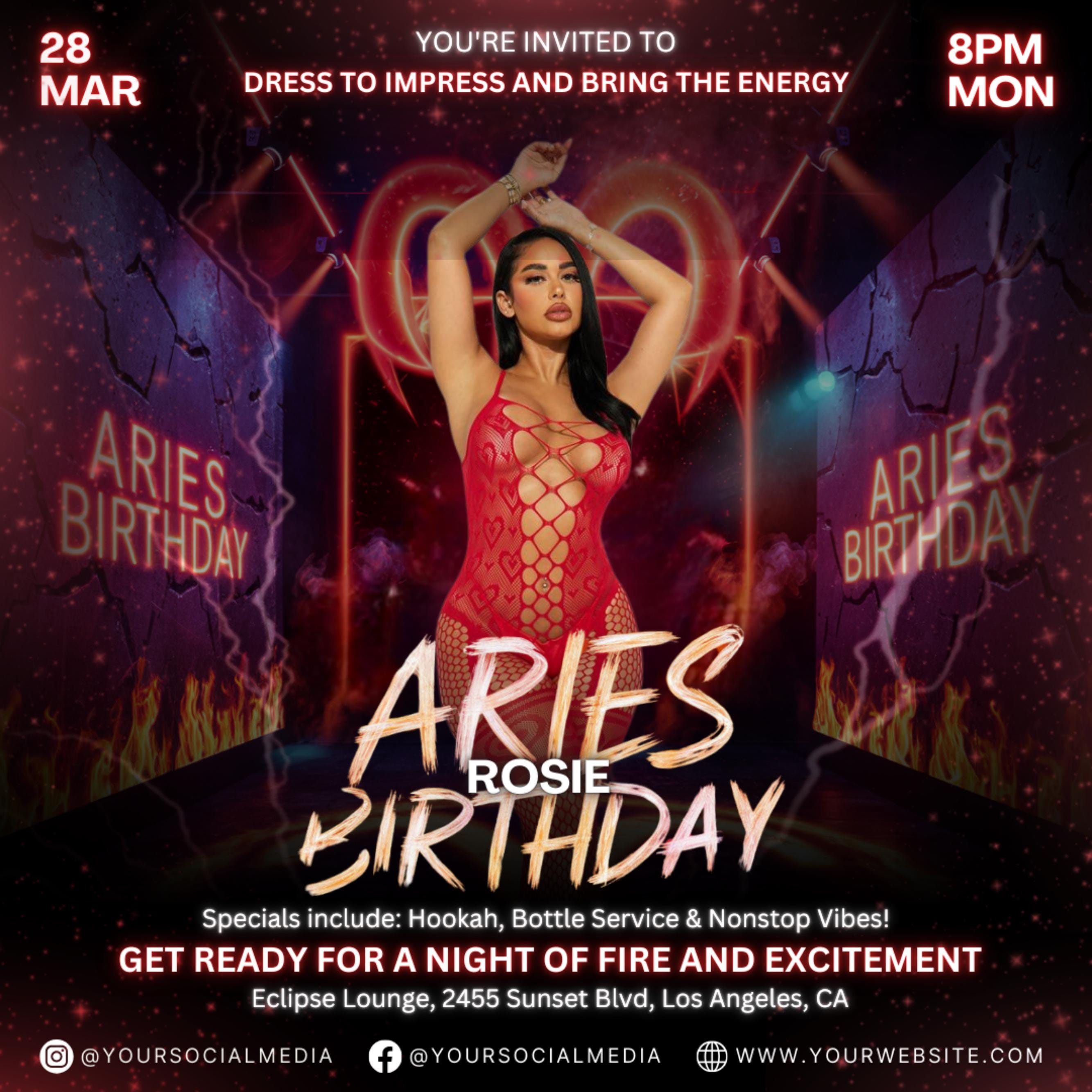 Aries Birthday Flyer, Birthday Flyer Templates, Girl Birthday Party Flyer, Celebration Flyer, Black & Red Birthday Event Flyer Invitation