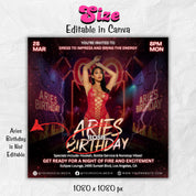 Aries Birthday Flyer, Birthday Flyer Templates, Girl Birthday Party Flyer, Celebration Flyer, Black & Red Birthday Event Flyer Invitation