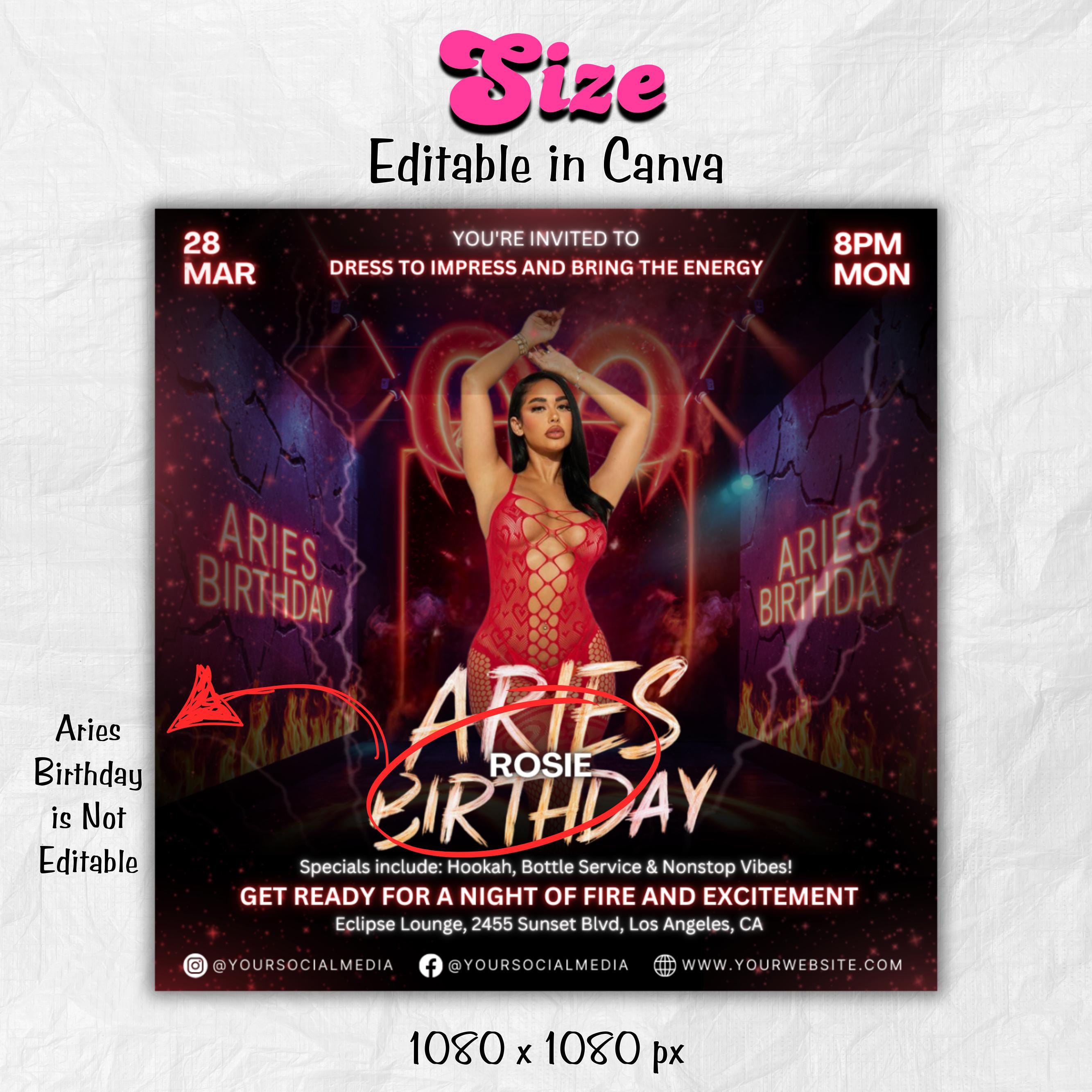 Aries Birthday Flyer, Birthday Flyer Templates, Girl Birthday Party Flyer, Celebration Flyer, Black & Red Birthday Event Flyer Invitation