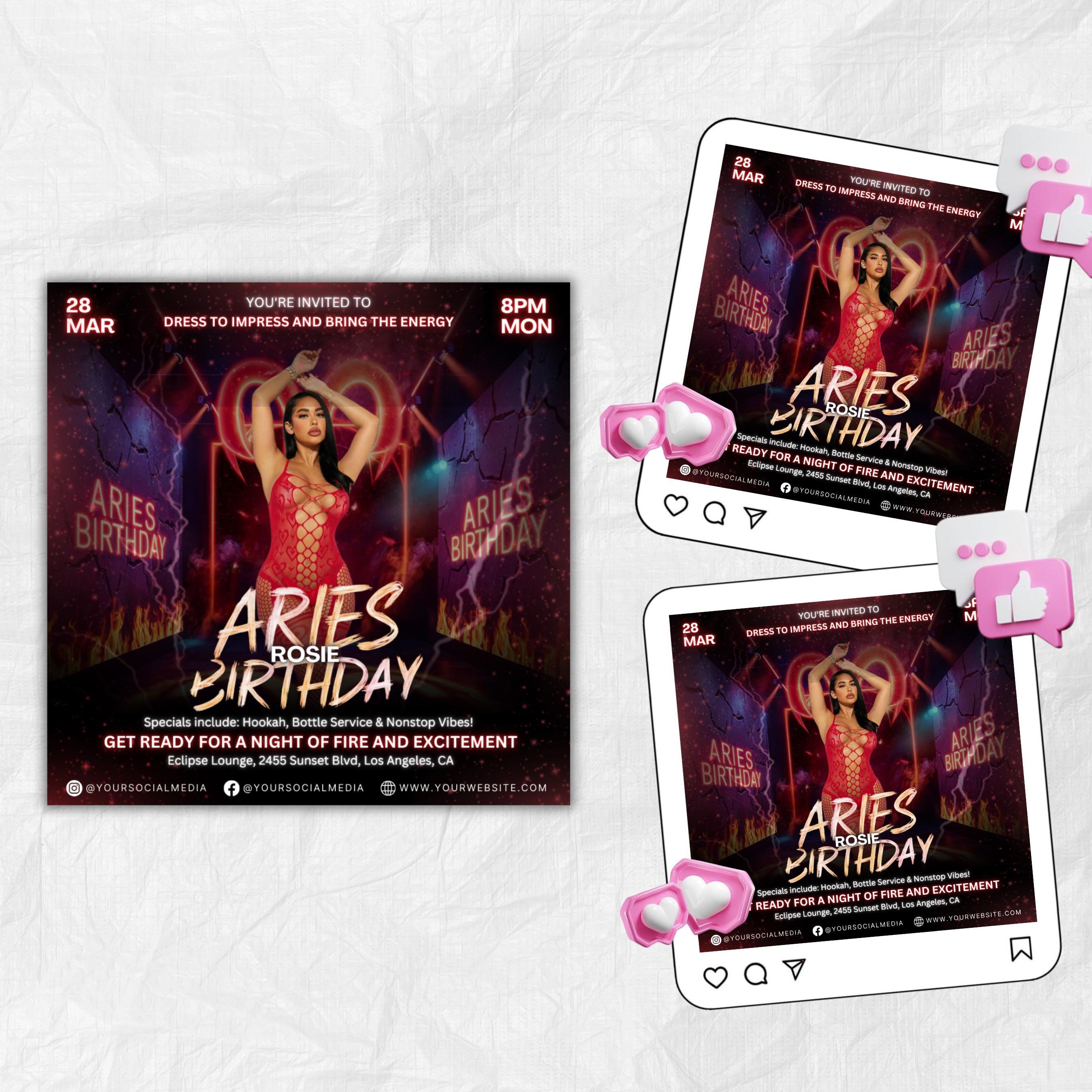 Aries Birthday Flyer, Birthday Flyer Templates, Girl Birthday Party Flyer, Celebration Flyer, Black & Red Birthday Event Flyer Invitation