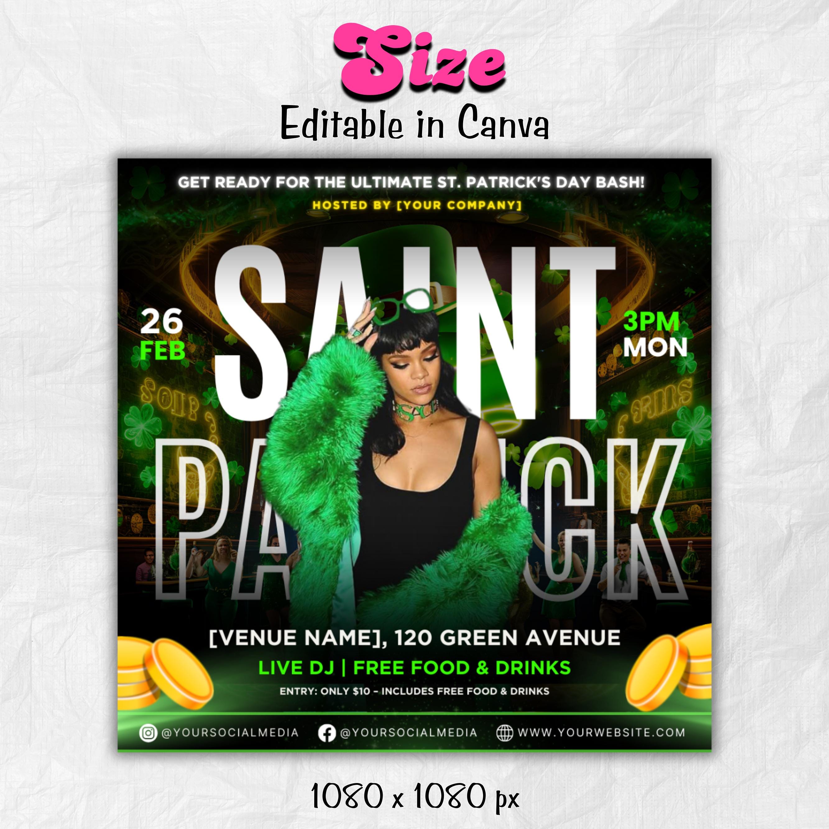 Saint Patrick's Day Party Flyer, St Patrick's Day Invitation, St Patrick's Nightclub Flyer, Saint Patrick's Celebration Flyer Canva Editable