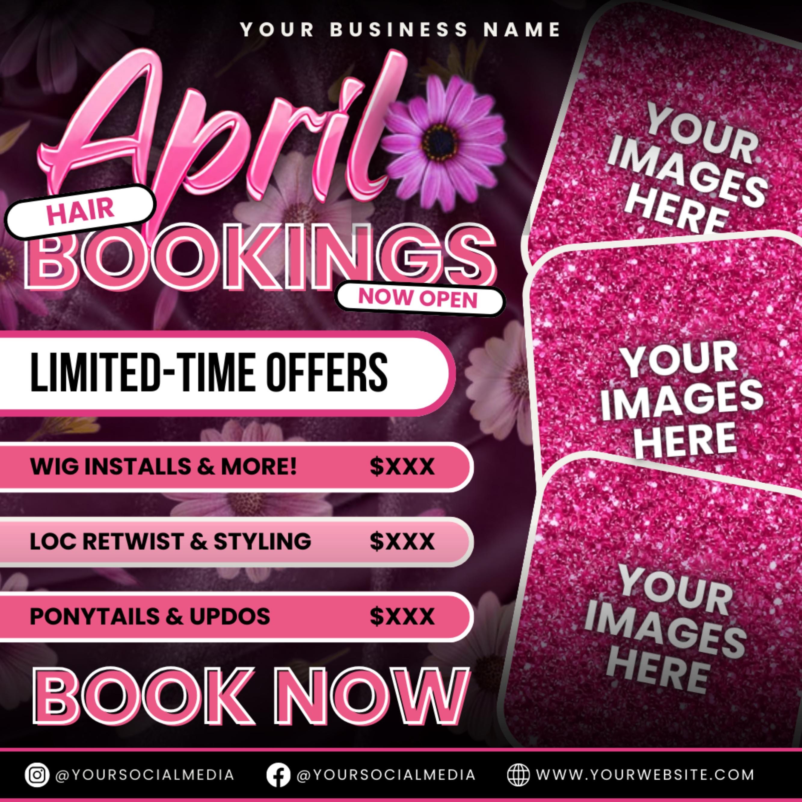 April Booking Flyer Canva Template, Diy April Flyer, Hair Flyer, Easter Booking Flyer, Springs Flyers, April Makeup Flyer, Book Now Flyer