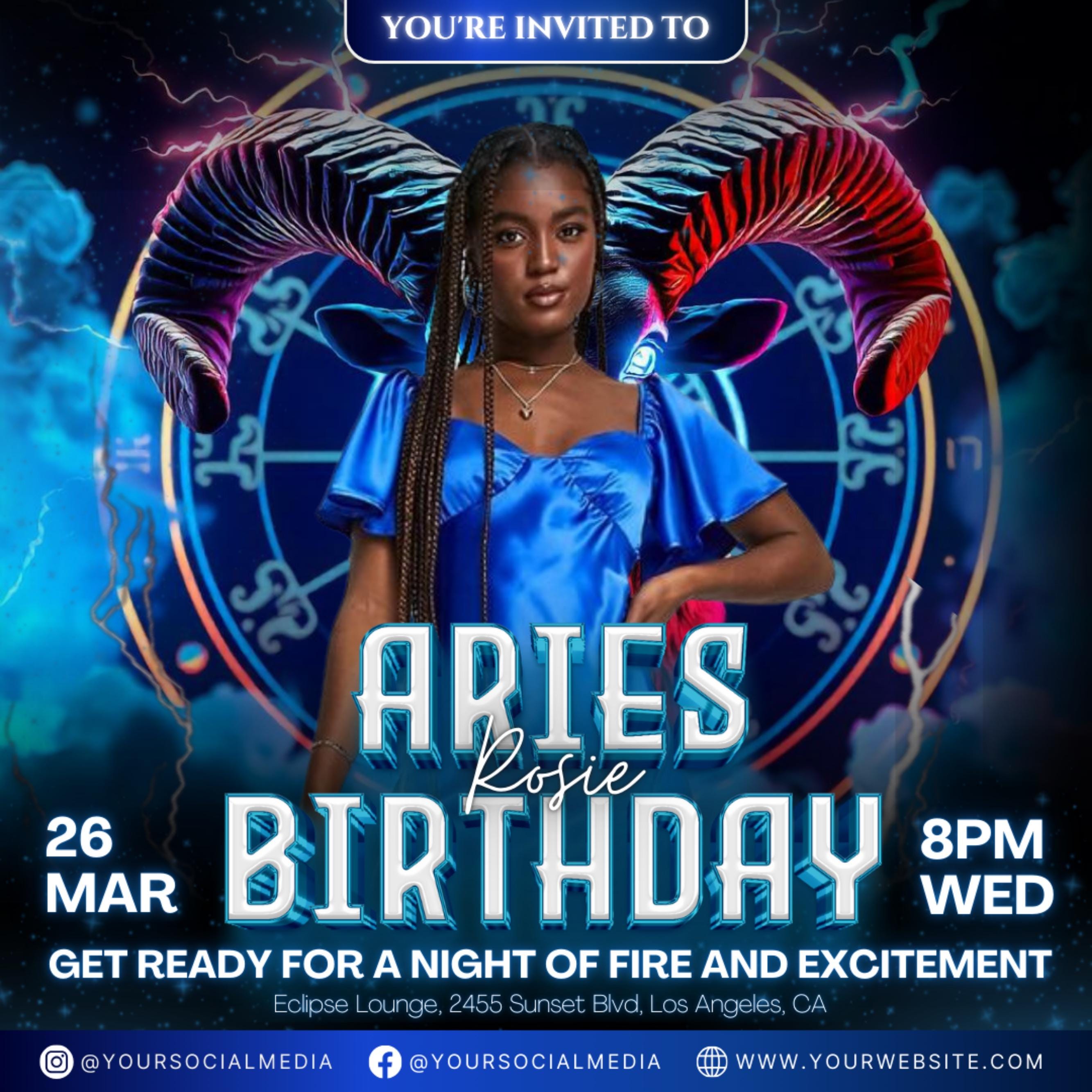 Aries Birthday Flyer, Birthday Flyer Templates, Girl Birthday Party Flyer, Celebration Flyer, Blue Aries Birthday Event Flyer Invitation