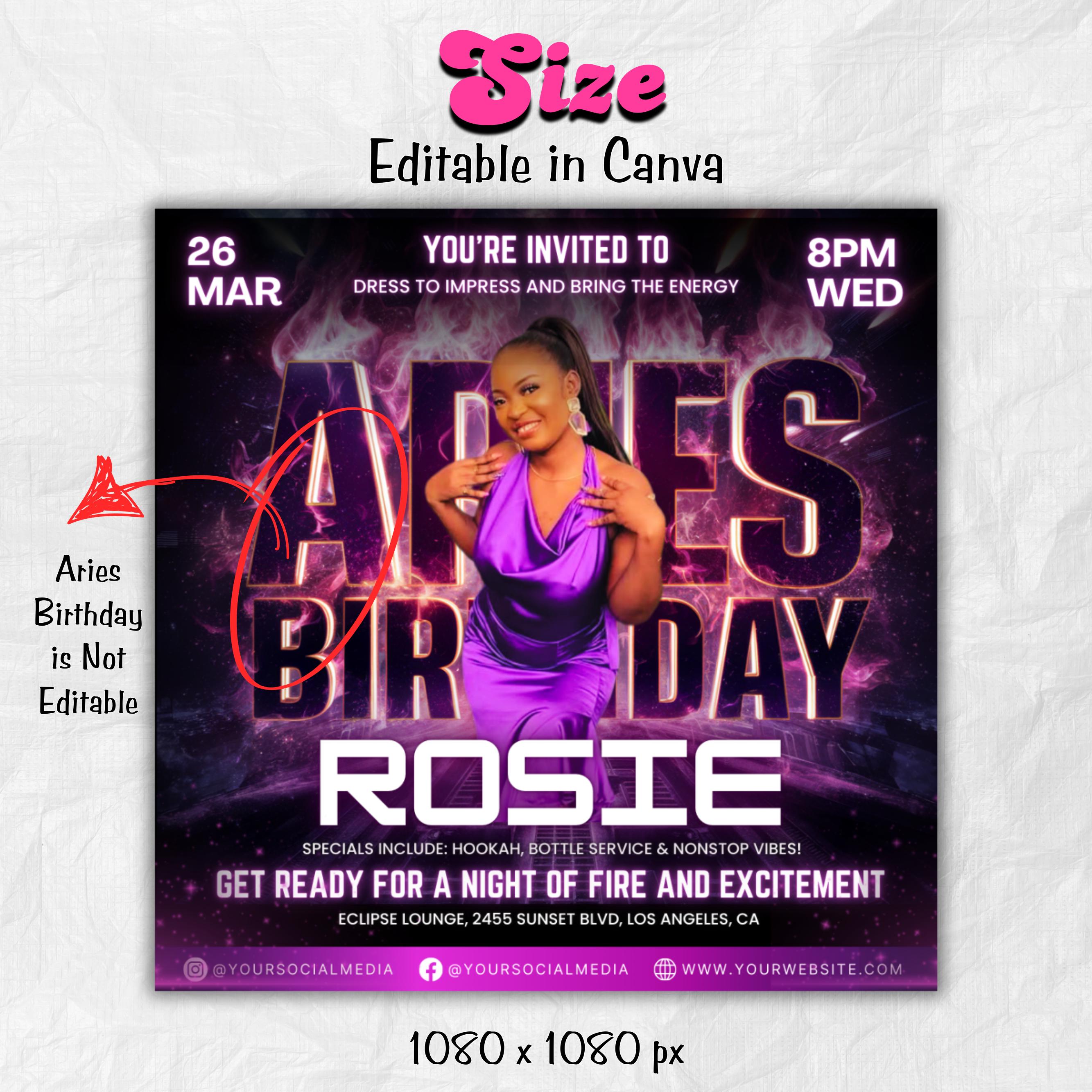 Aries Birthday Flyer, Birthday Flyer Templates, Girl Birthday Party Flyer, Celebration Flyer, Black & Purple Birthday Event Flyer Invitation