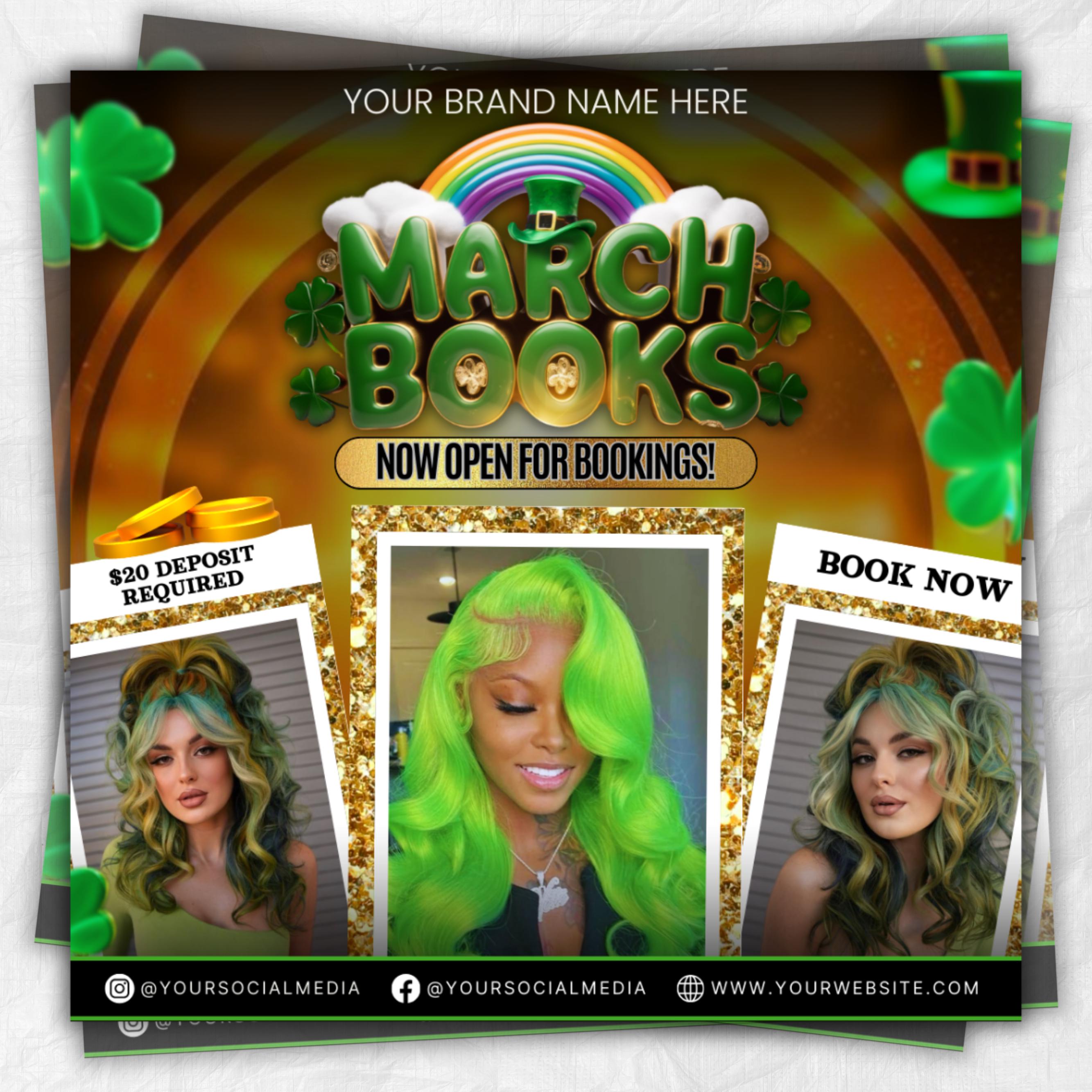 March Booking Flyer, St. Patricks Day Flyer, March Books, March Madness Flyer Nail Booking Flyer,Makeup Flyer Lash Tech Flyer,Canva Template
