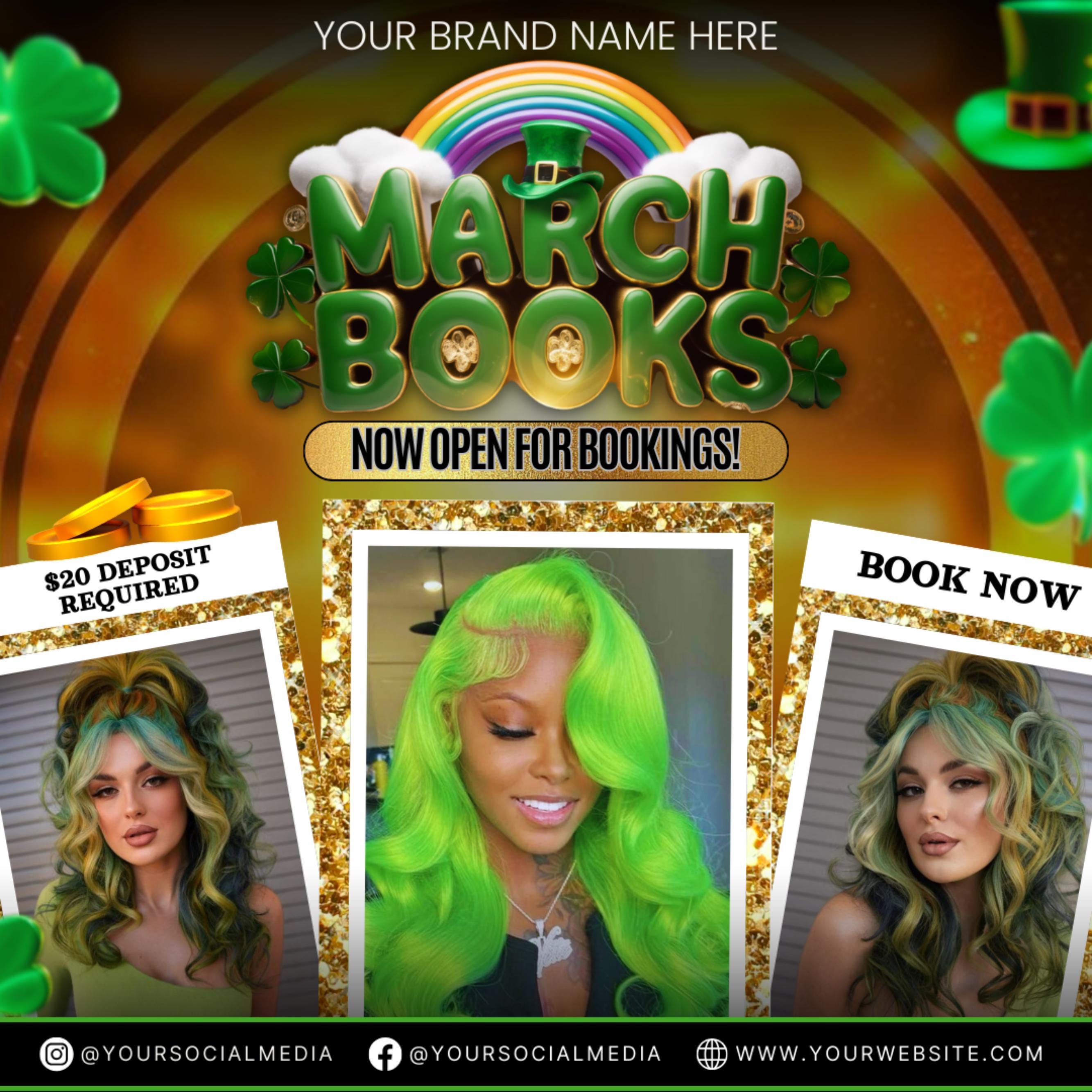 March Booking Flyer, St. Patricks Day Flyer, March Books, March Madness Flyer Nail Booking Flyer,Makeup Flyer Lash Tech Flyer,Canva Template