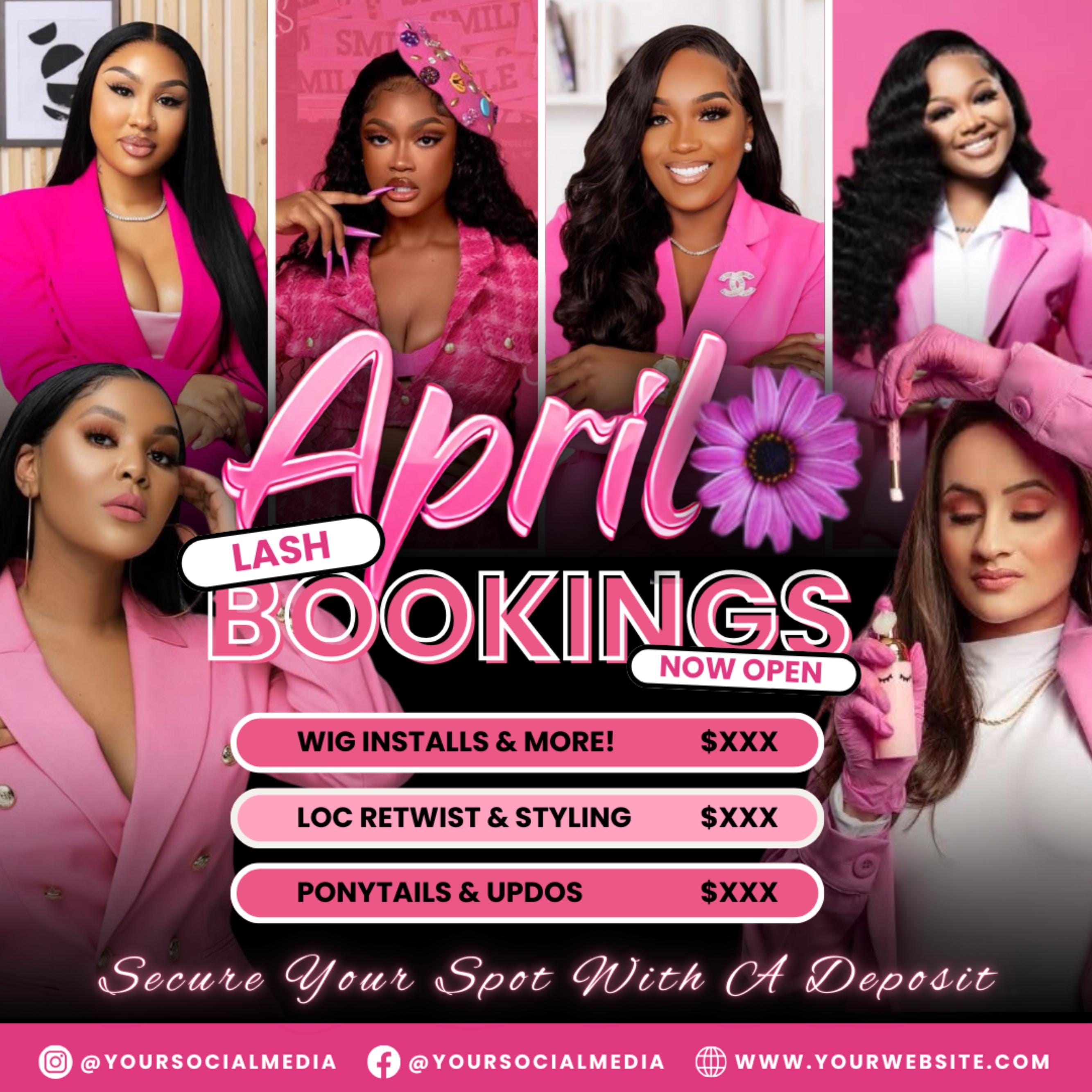April Booking Flyer Canva Template, Diy April Flyer, Hair Flyer, Easter Booking Flyer, Springs Flyers, April Makeup Flyer, Book Now Flyer