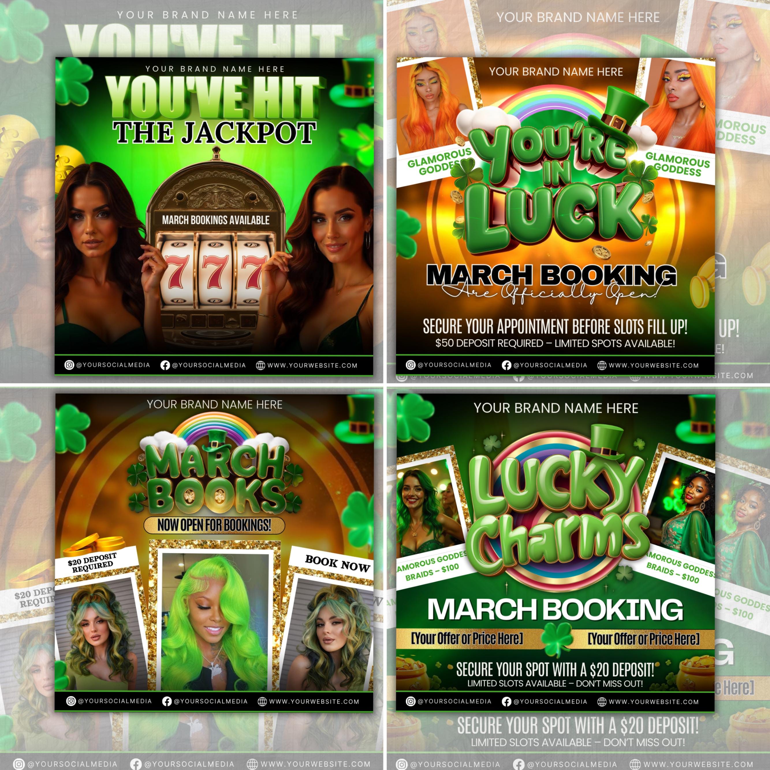 March Booking Flyer Bundle, March Books, St. Patricks Day Flyer,Casino Flyer, Book Now Flyer, Lash Tech Flyer,Hair Nail Flyer Canva Template