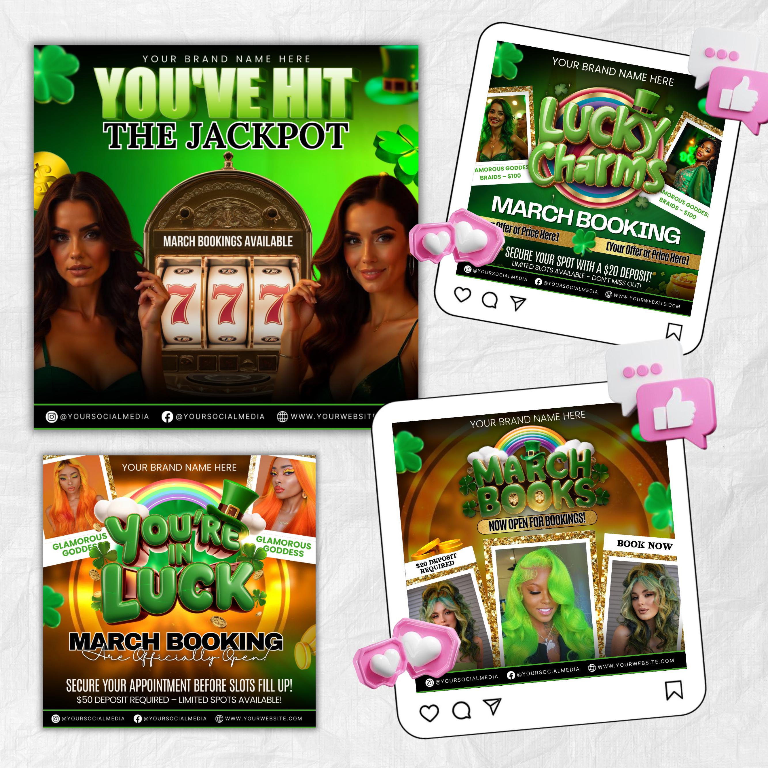 March Booking Flyer Bundle, March Books, St. Patricks Day Flyer,Casino Flyer, Book Now Flyer, Lash Tech Flyer,Hair Nail Flyer Canva Template