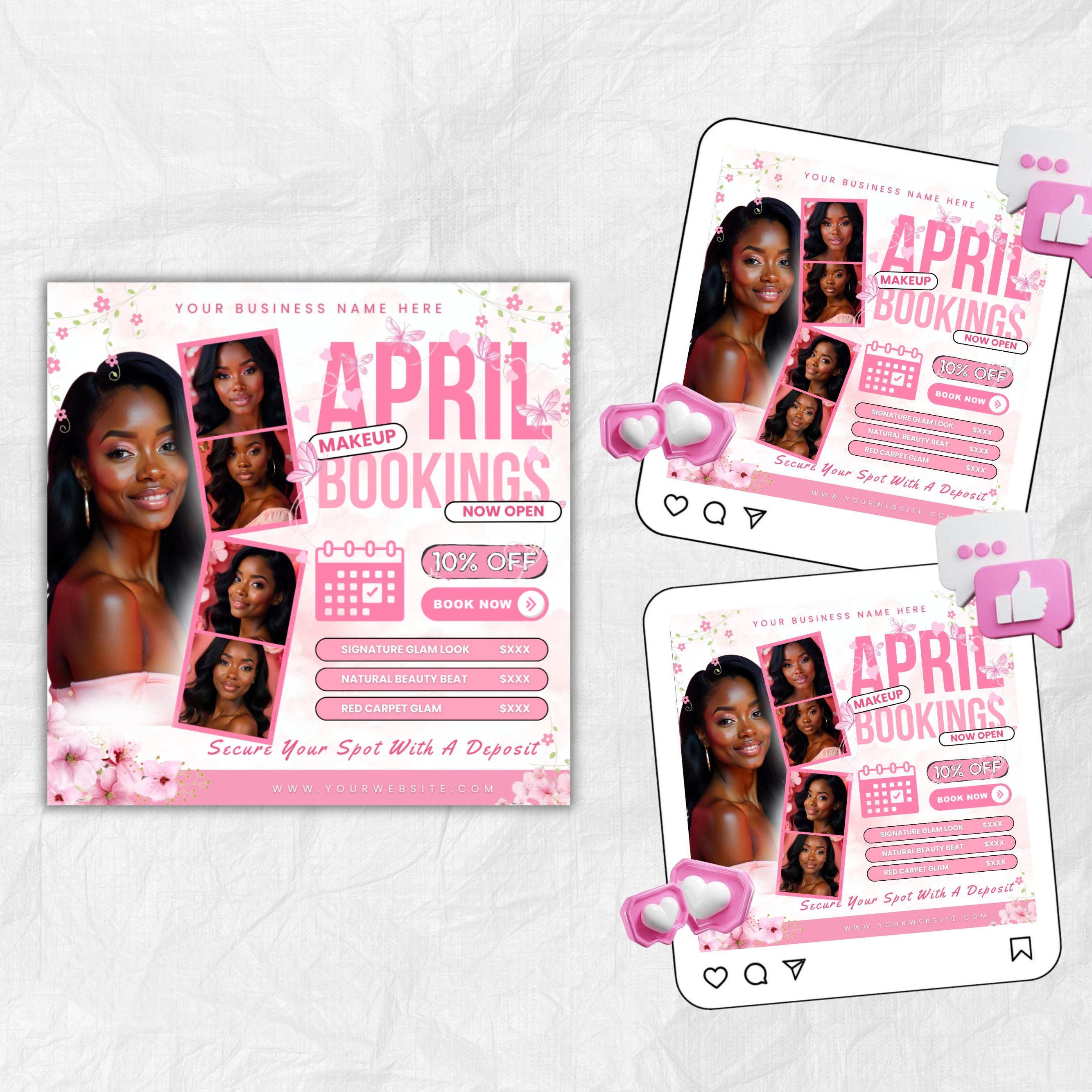 April Booking Flyer Canva Template, Diy April Flyer, Hair Flyer, Easter Booking Flyer, Springs Flyers, April Makeup Flyer, Book Now Flyer