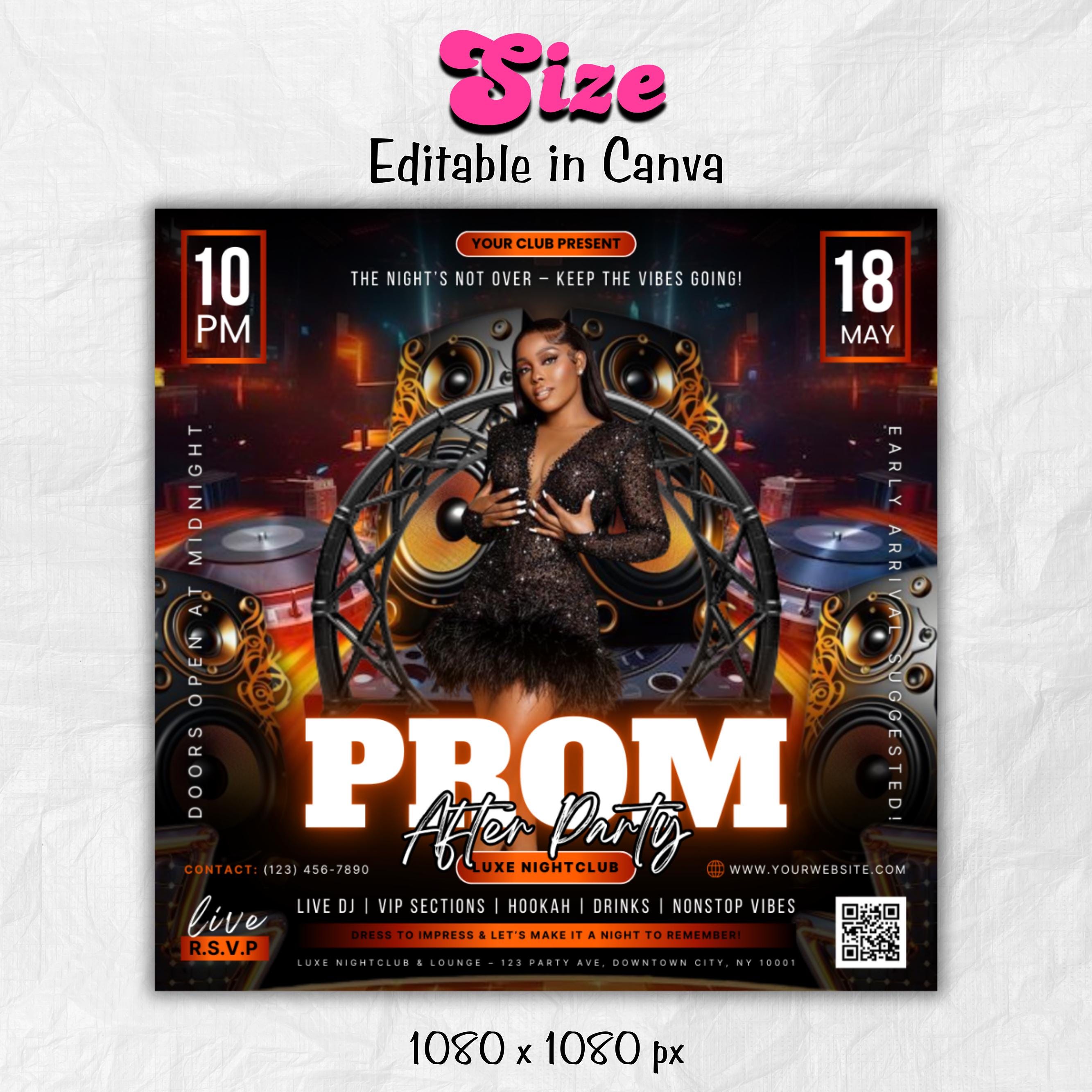 Prom After Party Flyer, College School After Party, Prom Season Flyer, Prom Party Invite, Prom Send Off Party Invitation, Canva Template