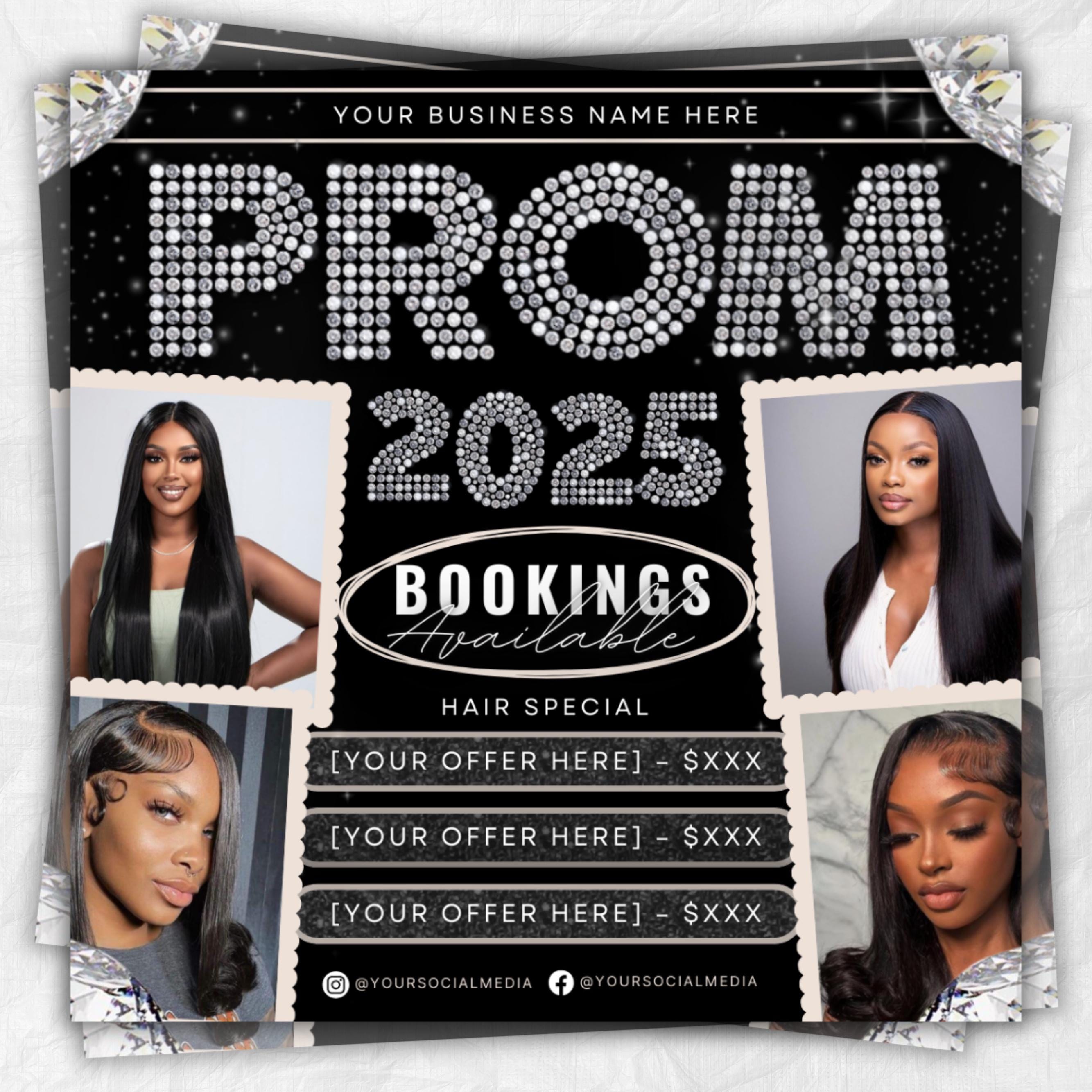 Prom Bookings Flyer, Prom Hair Flyer, Prom Queen MUA Flyer, Prom Flyer, Prom Hairstylist Nails Lashes Makeup MUA Flyer Braids Flyer Canva