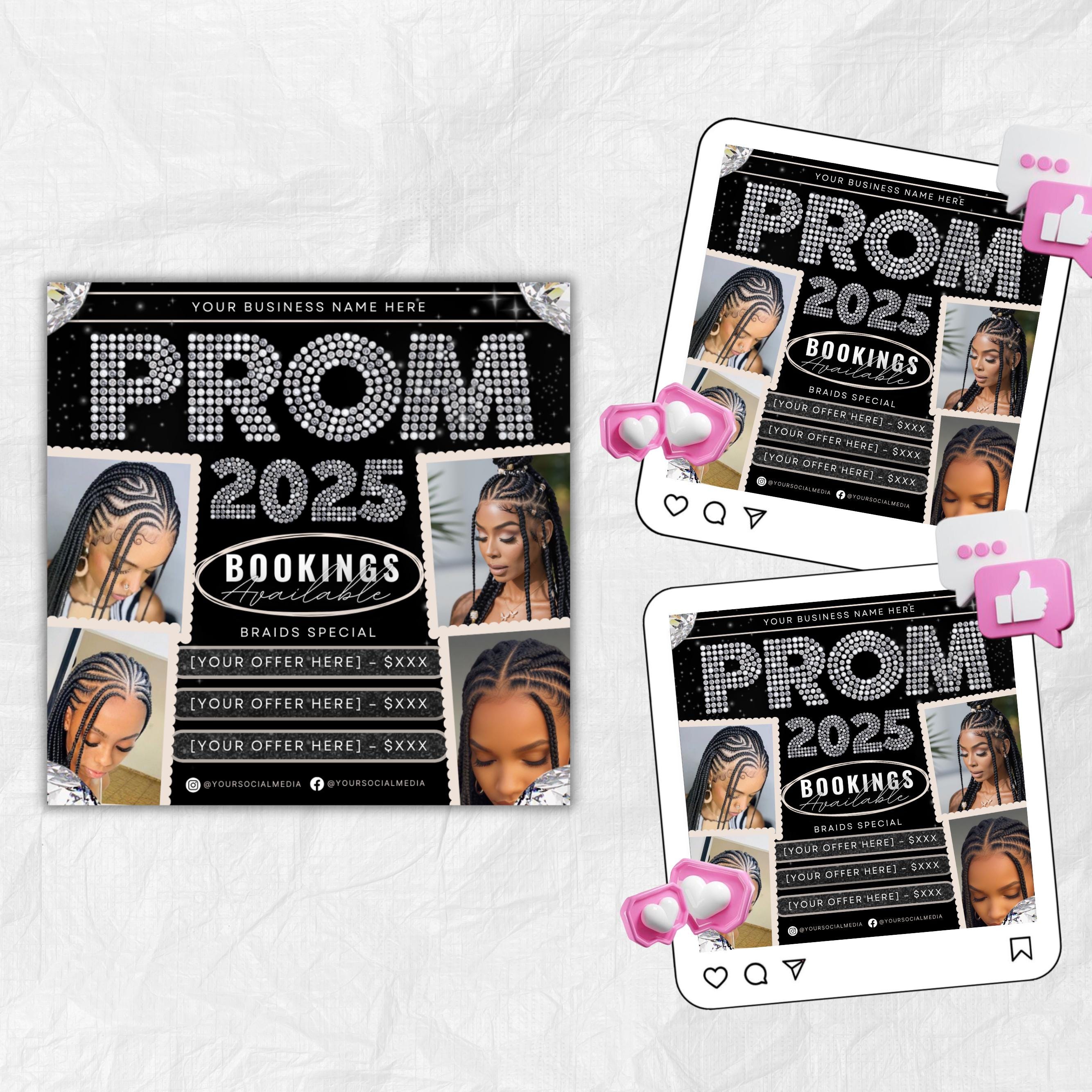 Prom Bookings Flyer, Prom Hair Flyer, Prom Queen MUA Flyer, Prom Flyer, Prom Hairstylist Nails Lashes Makeup MUA Flyer Braids Flyer Canva