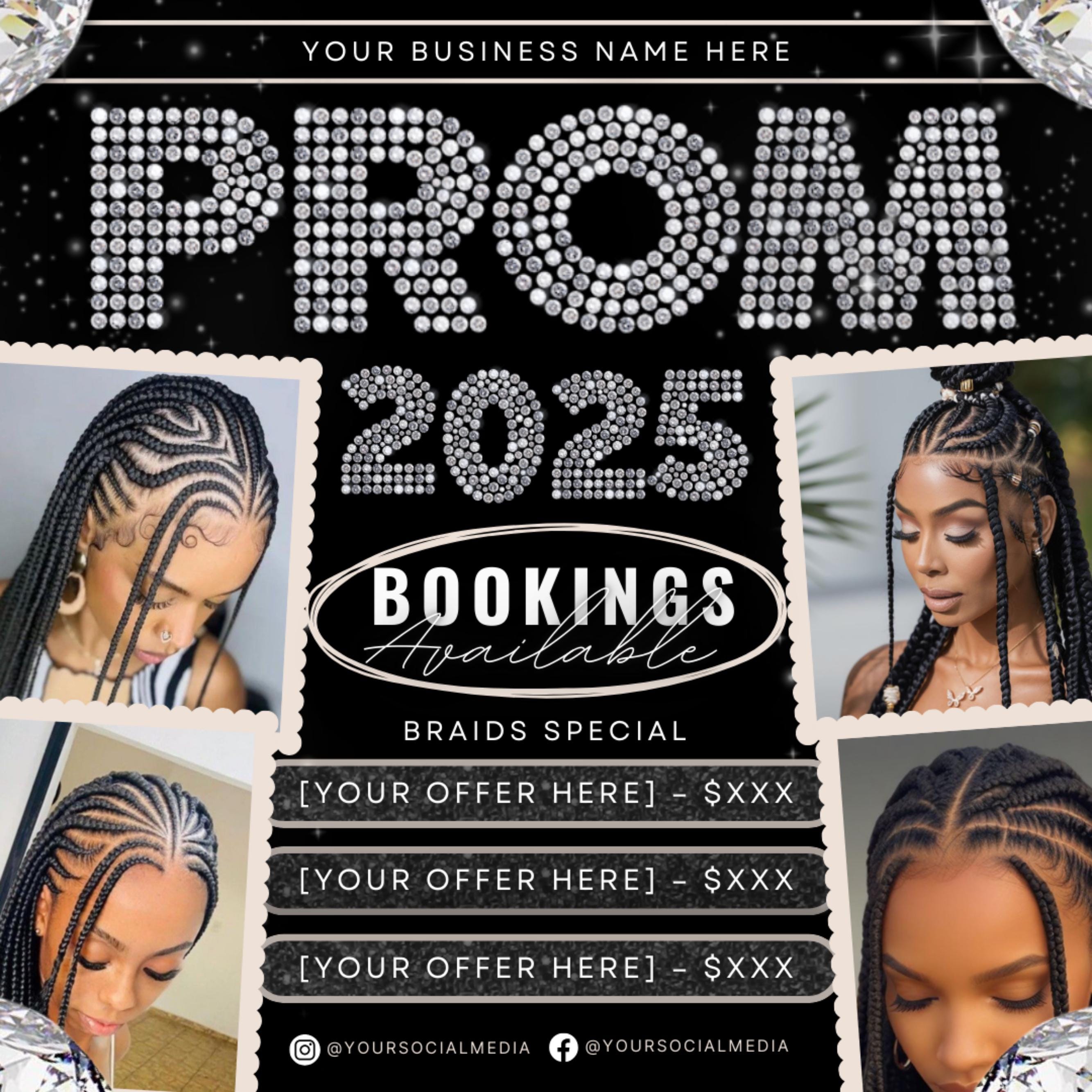 Prom Bookings Flyer, Prom Hair Flyer, Prom Queen MUA Flyer, Prom Flyer, Prom Hairstylist Nails Lashes Makeup MUA Flyer Braids Flyer Canva