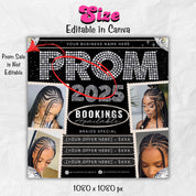 Prom Bookings Flyer, Prom Hair Flyer, Prom Queen MUA Flyer, Prom Flyer, Prom Hairstylist Nails Lashes Makeup MUA Flyer Braids Flyer Canva