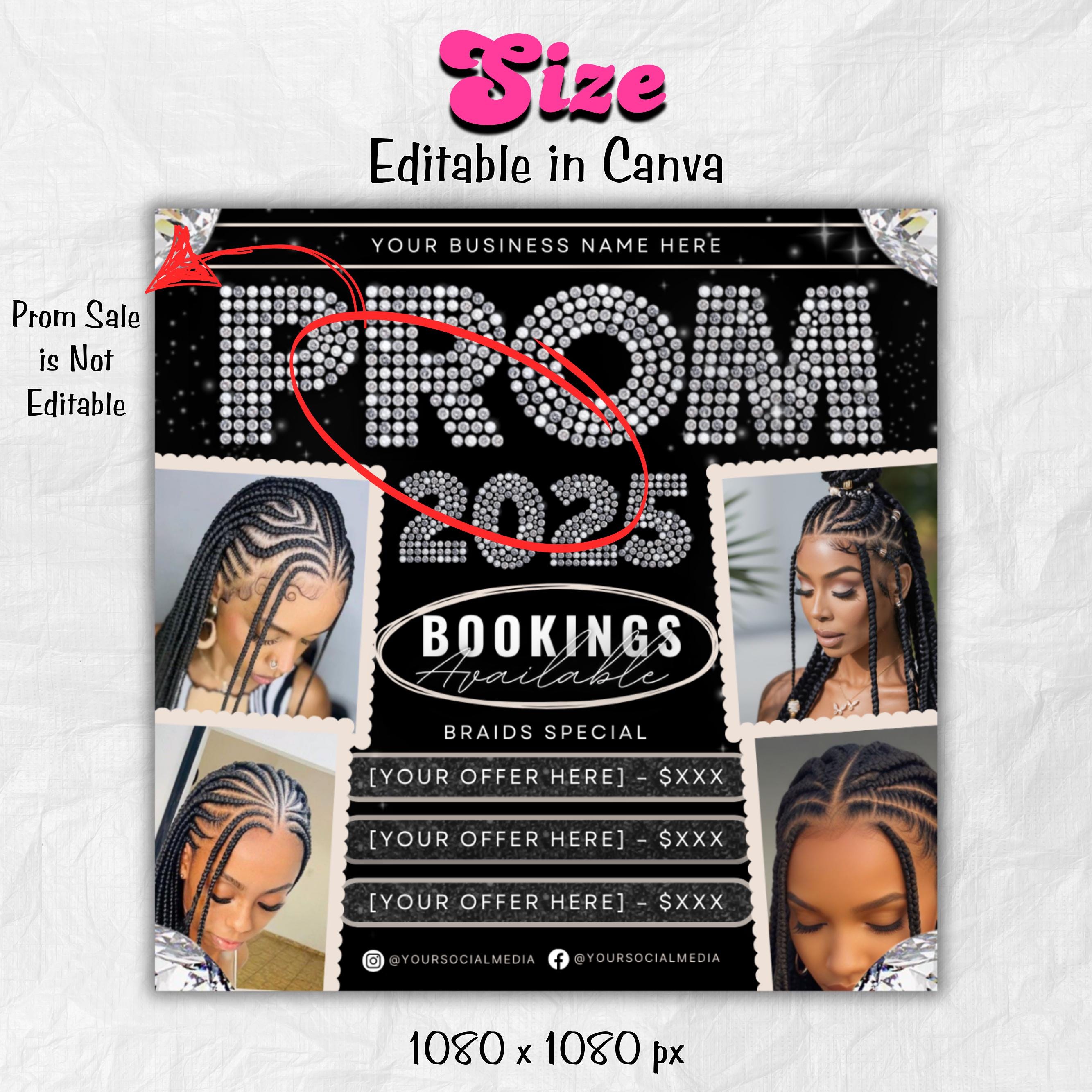 Prom Bookings Flyer, Prom Hair Flyer, Prom Queen MUA Flyer, Prom Flyer, Prom Hairstylist Nails Lashes Makeup MUA Flyer Braids Flyer Canva