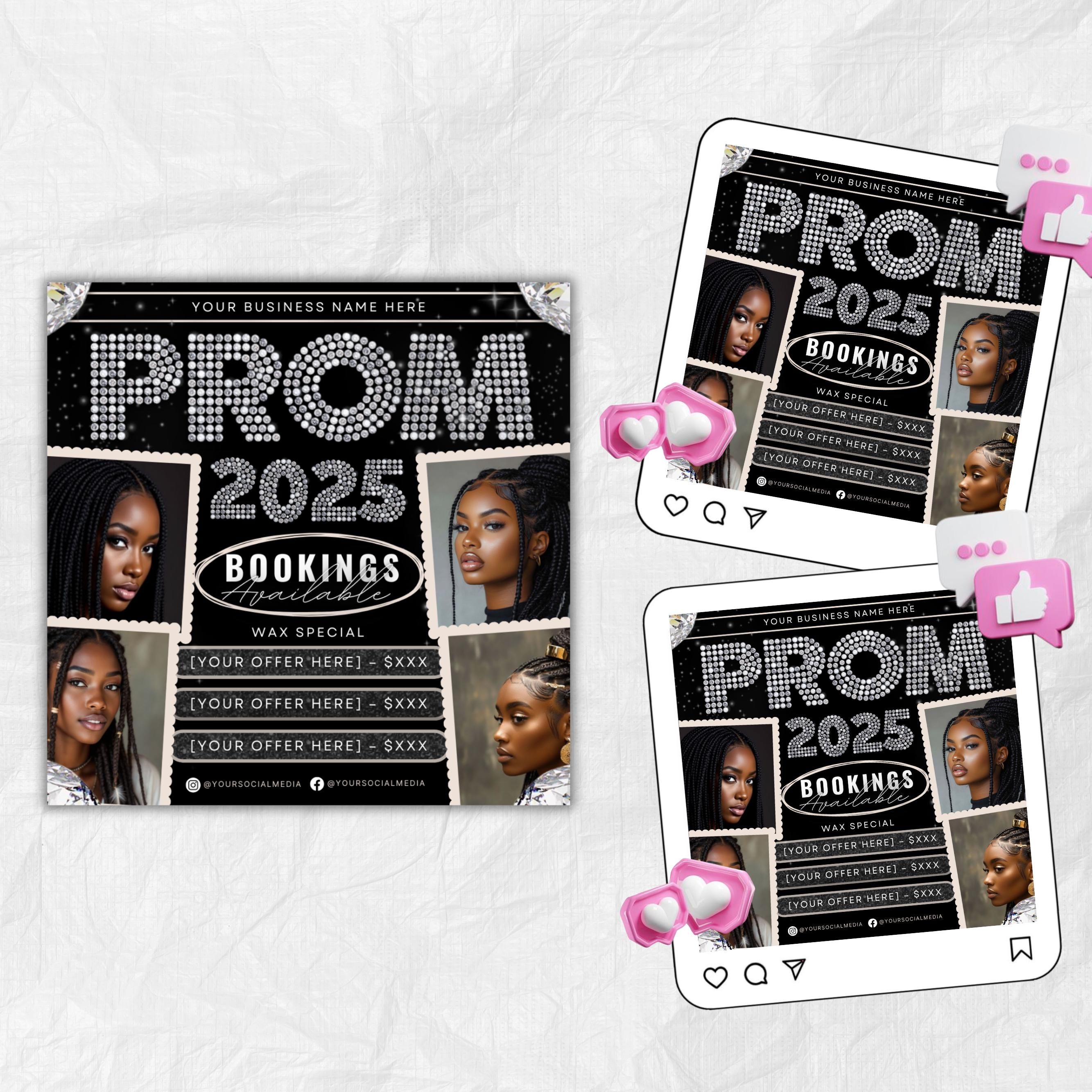 Prom Bookings Flyer, Prom Hair Flyer, Prom Queen MUA Flyer, Prom Flyer, Prom Hairstylist Nails Lashes Makeup MUA Flyer Braids Flyer Canva