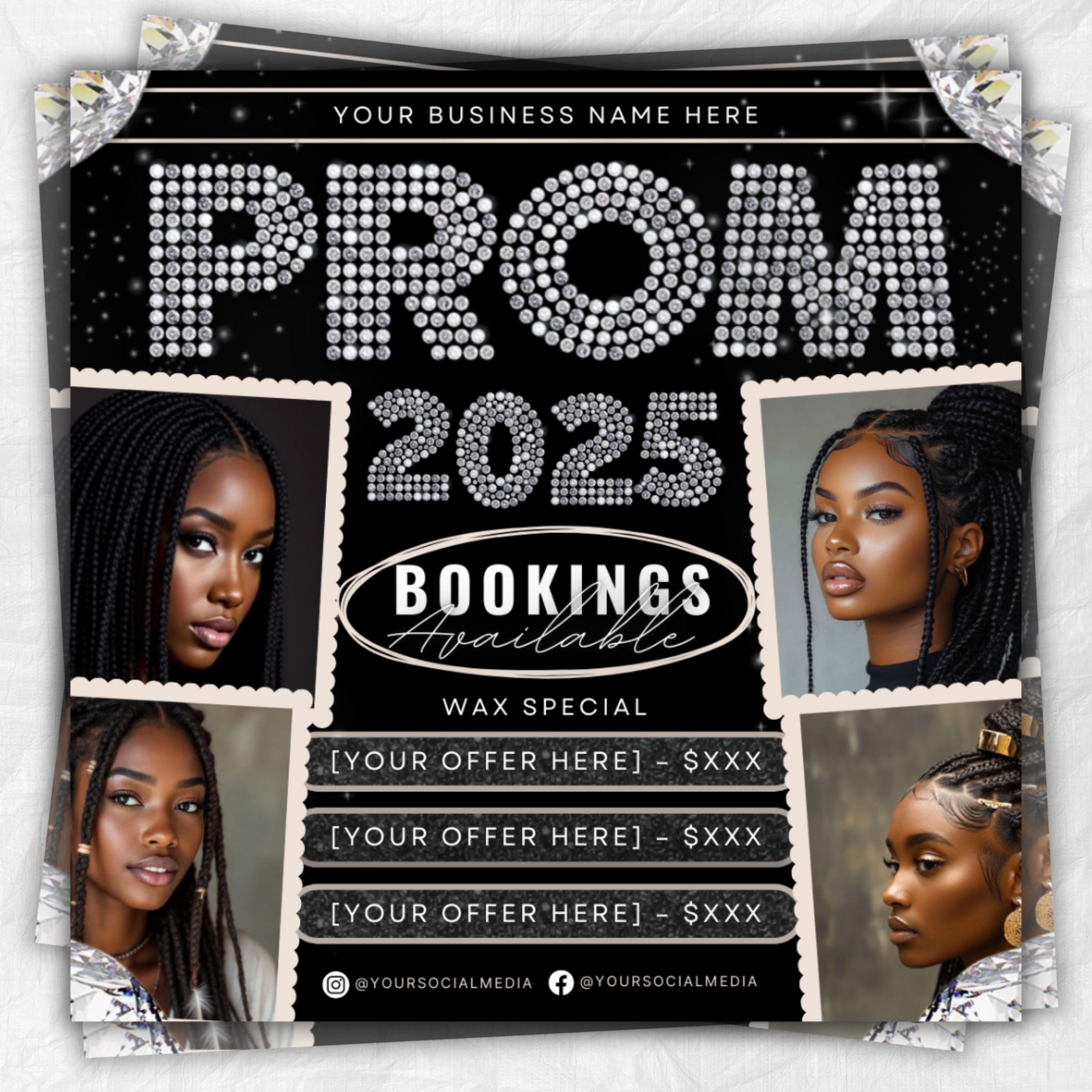 Prom Bookings Flyer, Prom Hair Flyer, Prom Queen MUA Flyer, Prom Flyer, Prom Hairstylist Nails Lashes Makeup MUA Flyer Braids Flyer Canva