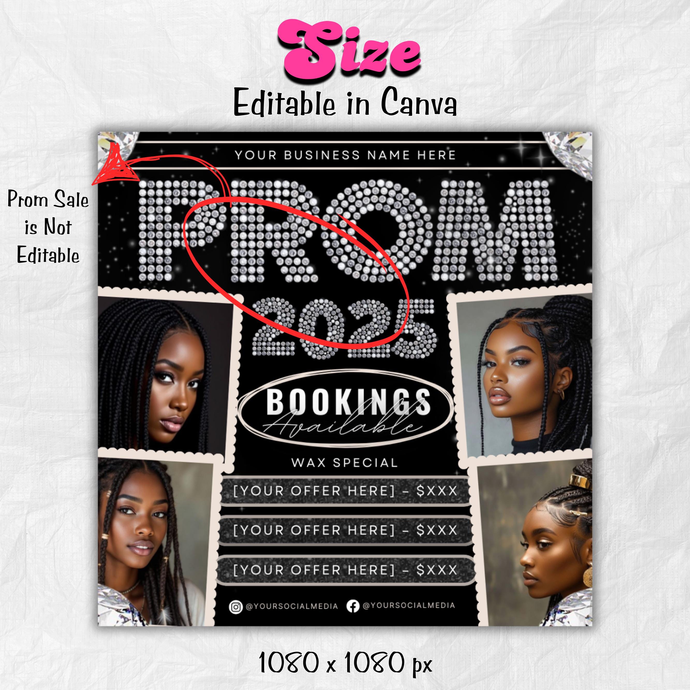 Prom Bookings Flyer, Prom Hair Flyer, Prom Queen MUA Flyer, Prom Flyer, Prom Hairstylist Nails Lashes Makeup MUA Flyer Braids Flyer Canva