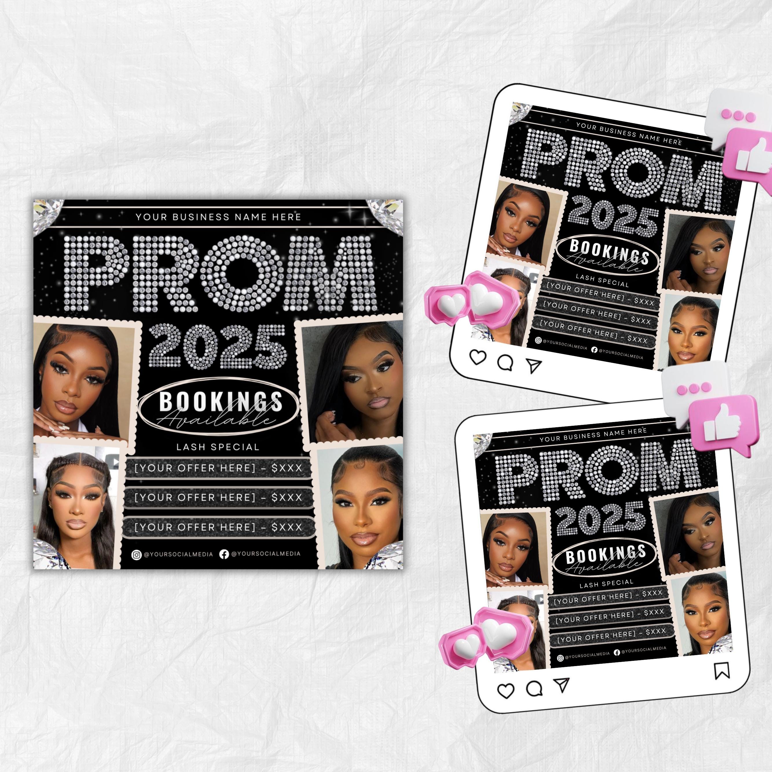 Prom Bookings Flyer, Prom Hair Flyer, Prom Queen MUA Flyer, Prom Flyer, Prom Hairstylist Nails Lashes Makeup MUA Flyer Braids Flyer Canva