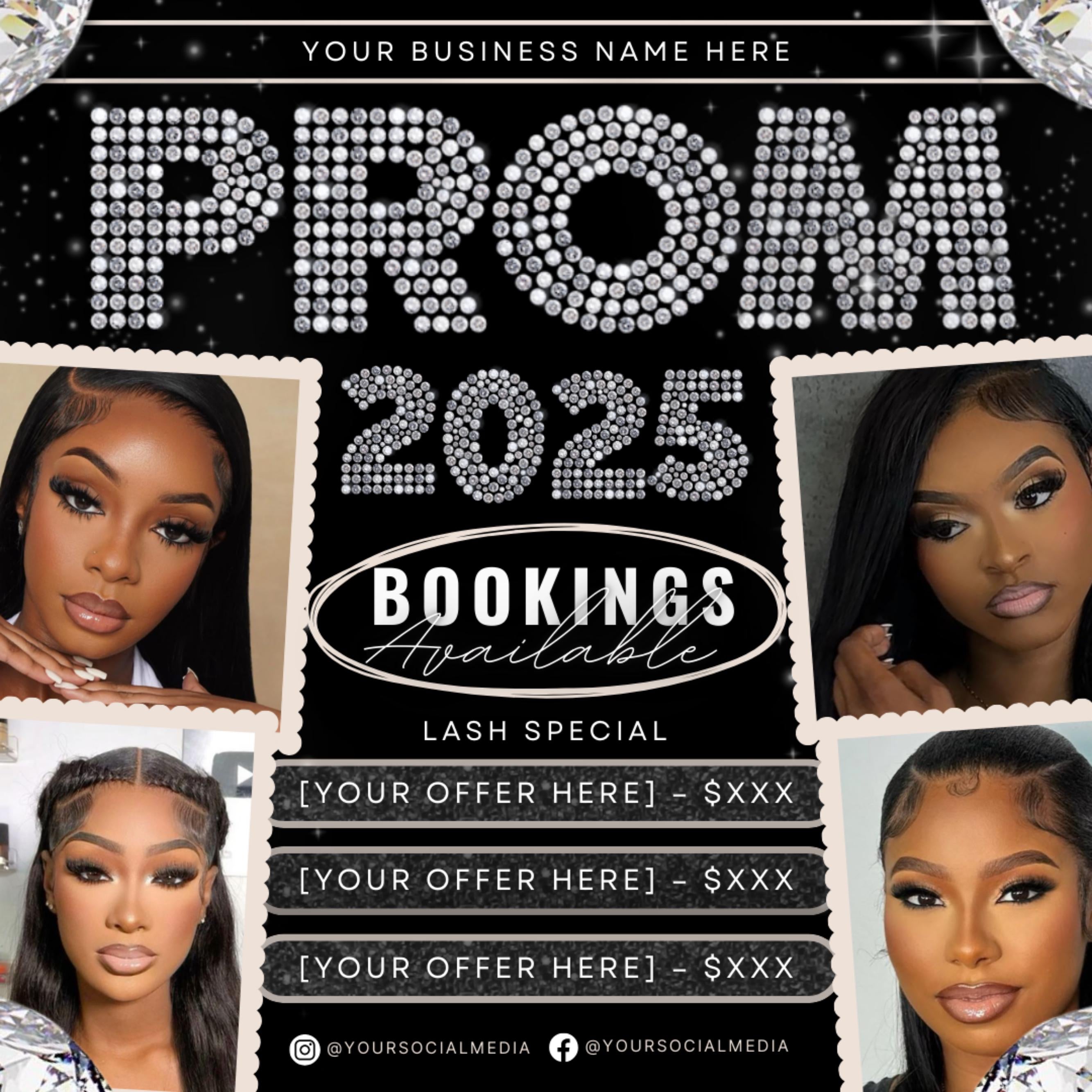 Prom Bookings Flyer, Prom Hair Flyer, Prom Queen MUA Flyer, Prom Flyer, Prom Hairstylist Nails Lashes Makeup MUA Flyer Braids Flyer Canva