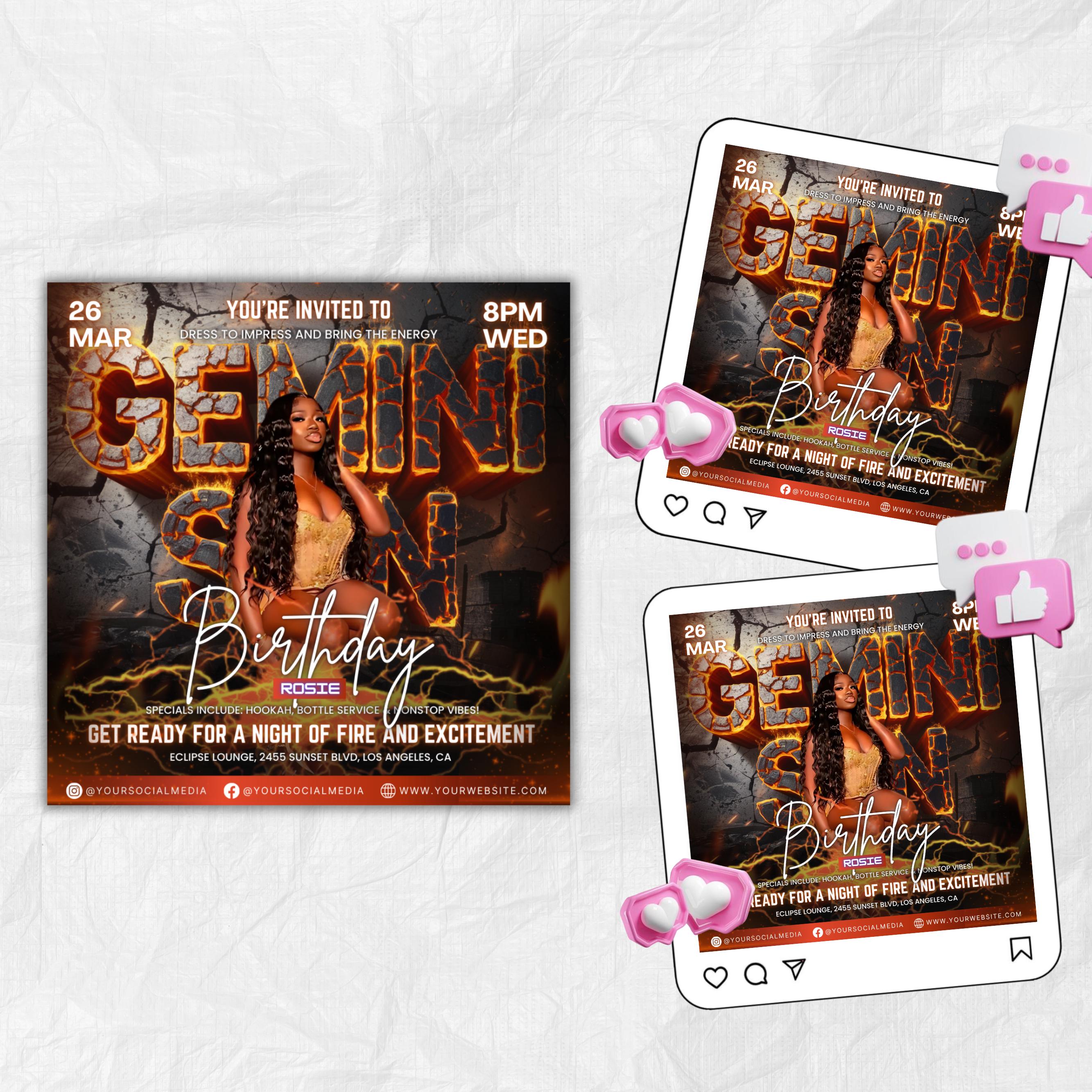 Gemini Season Party Flyer, Birthday Szn Flyer, Gemini Invitation Flyer, Gemini Birthday Event, Social Media Flyer, Premade Flyer Template