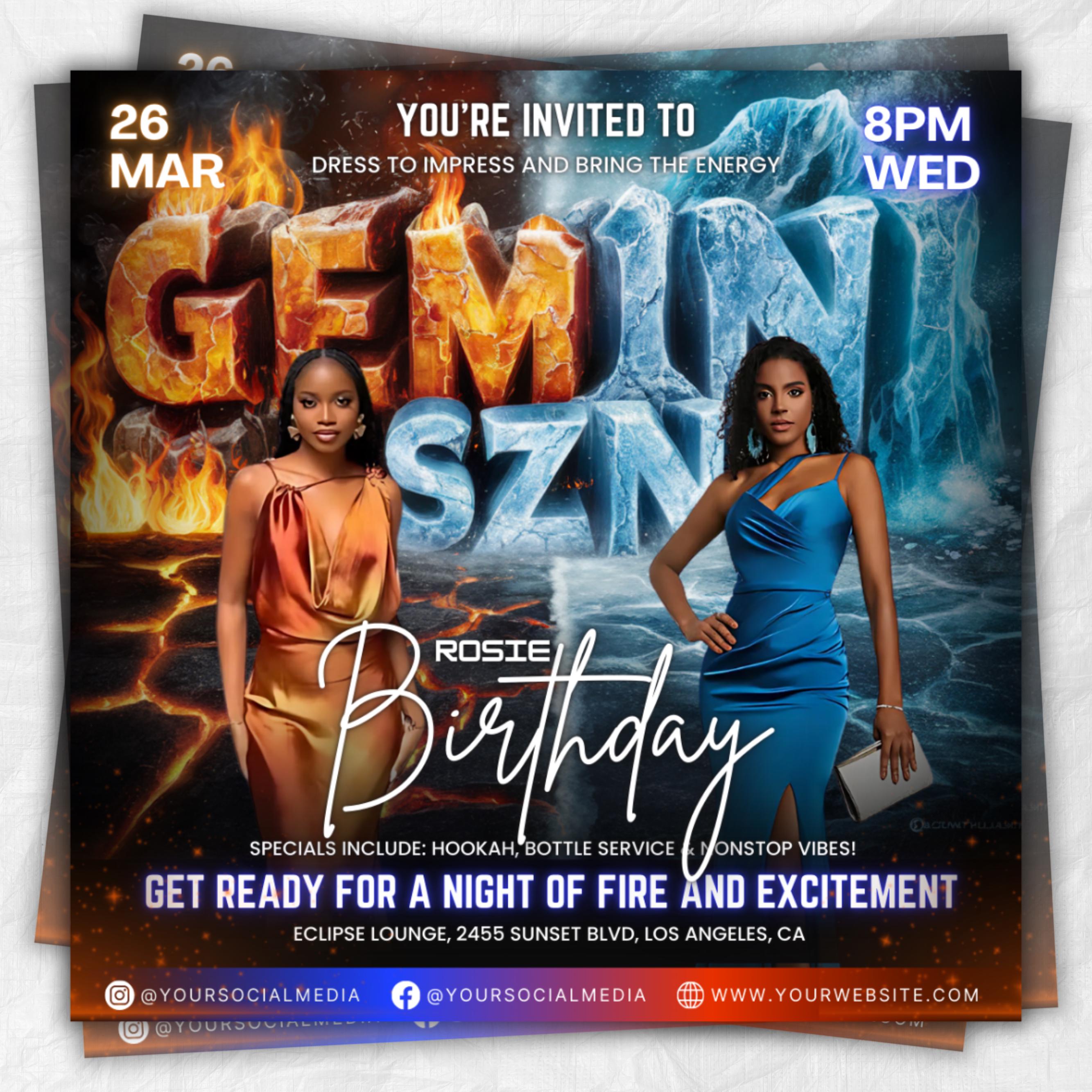 Gemini Season Party Flyer, Birthday Szn Flyer, Gemini Invitation Flyer, Gemini Birthday Event, Social Media Flyer, Premade Flyer Template