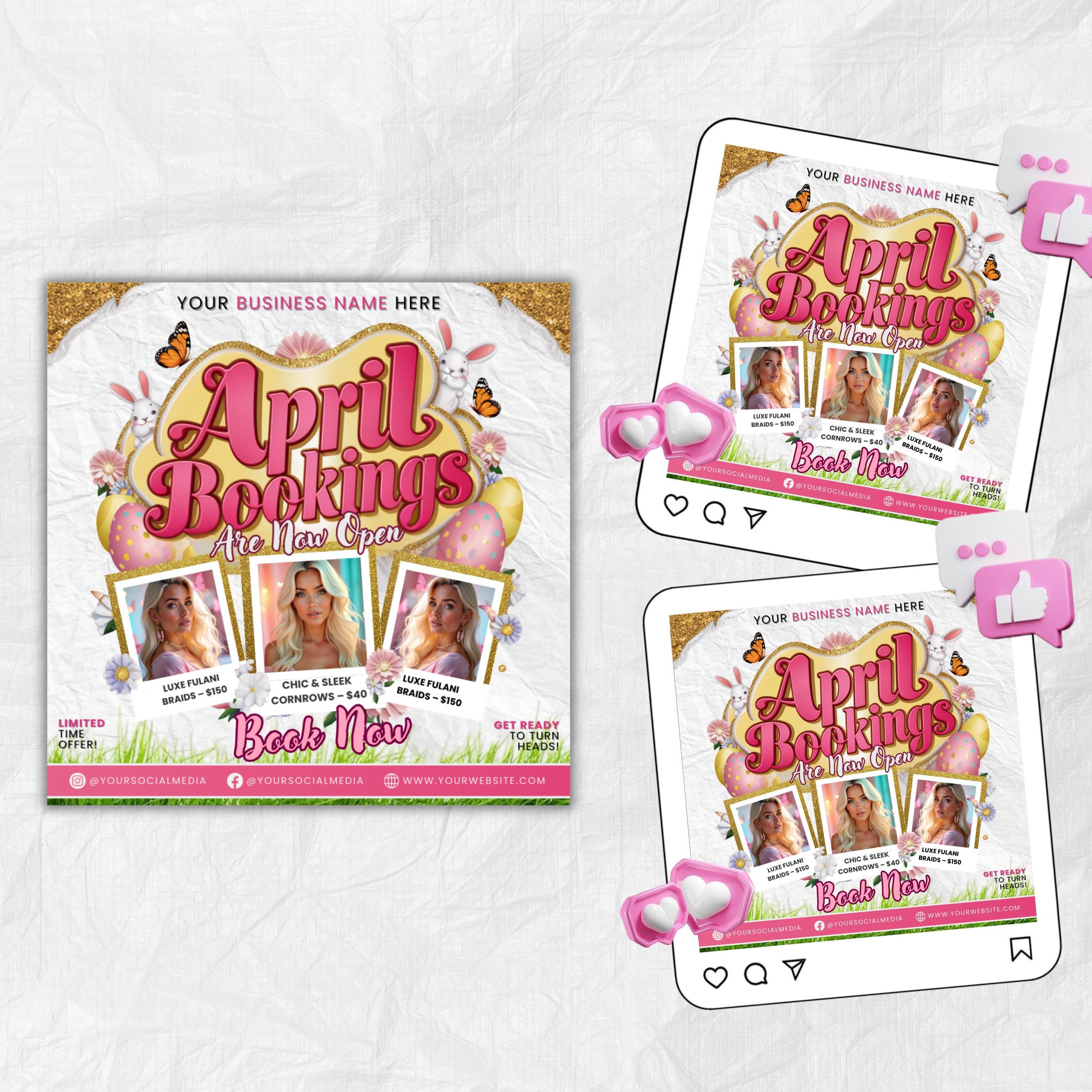 April Booking Flyer Canva Template, Diy April Flyer, Hair Flyer, Easter Booking Flyer, Springs Flyers, April Makeup Flyer, Book Now Flyer