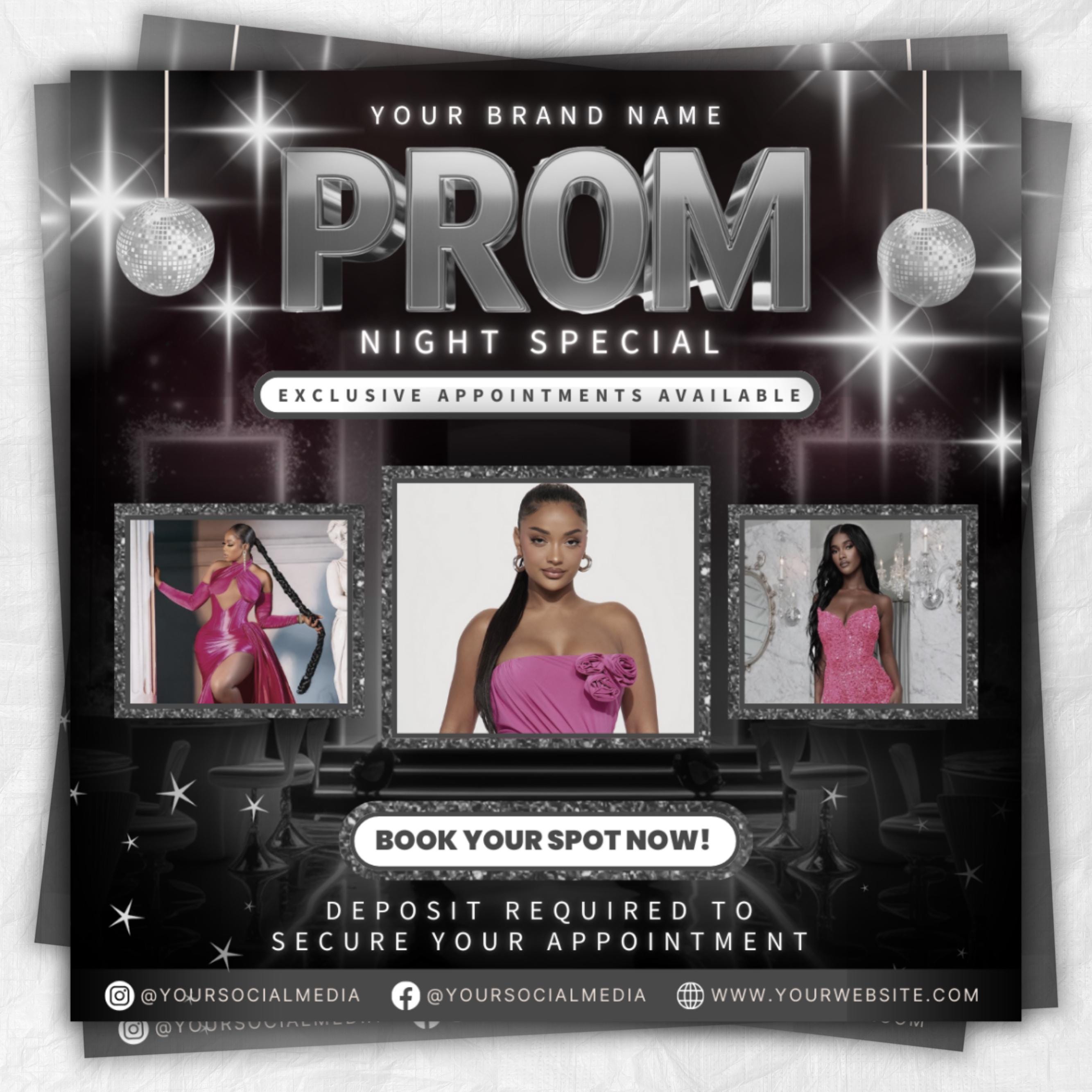 Prom Bookings Flyer, Prom Hair Flyer, Prom Queen MUA Flyer, Prom Flyer, Prom Hairstylist Nails Lashes Makeup MUA Flyer Braids Flyer Canva