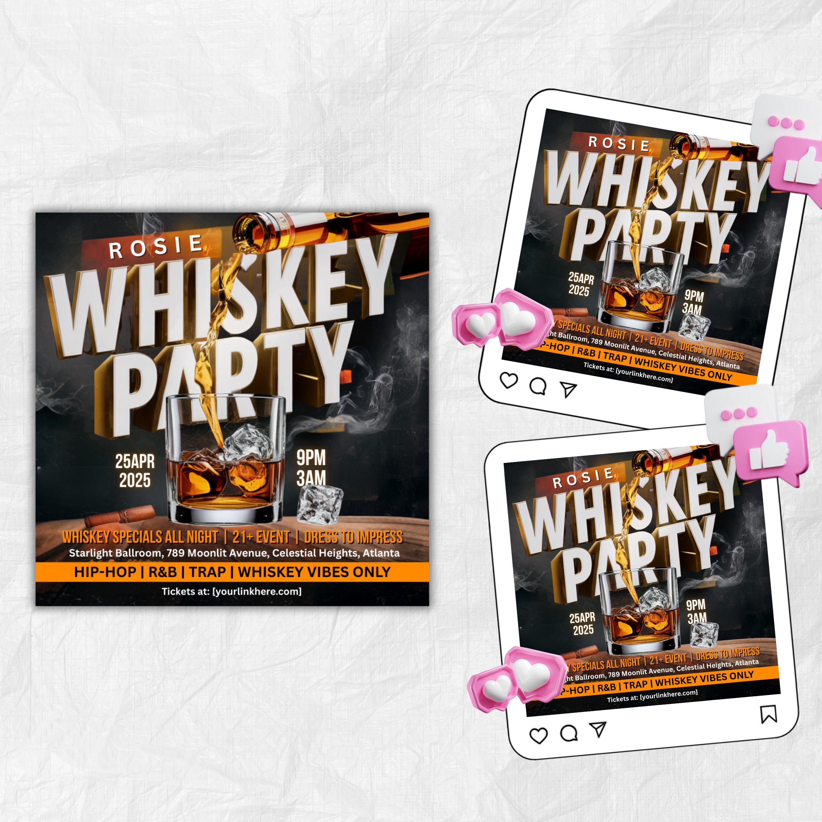 Whiskey Party Flyer, Night Club Flyer, DJ Party Invitation, Drink Party Flyer, Saturday party, Canva Editable Template, Instant Download