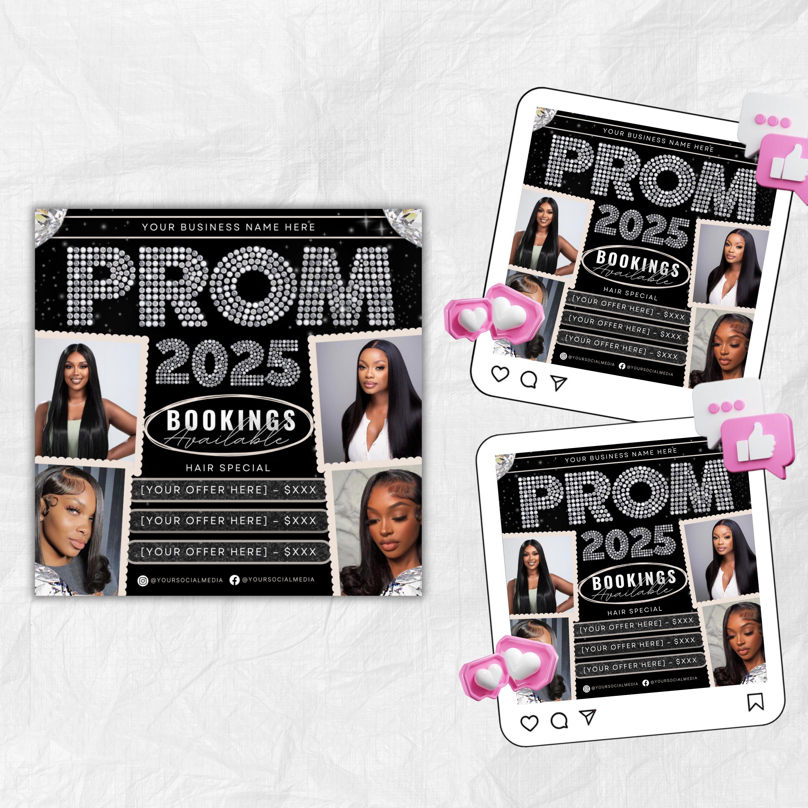 Prom Bookings Flyer, Prom Hair Flyer, Prom Queen MUA Flyer, Prom Flyer, Prom Hairstylist Nails Lashes Makeup MUA Flyer Braids Flyer Canva