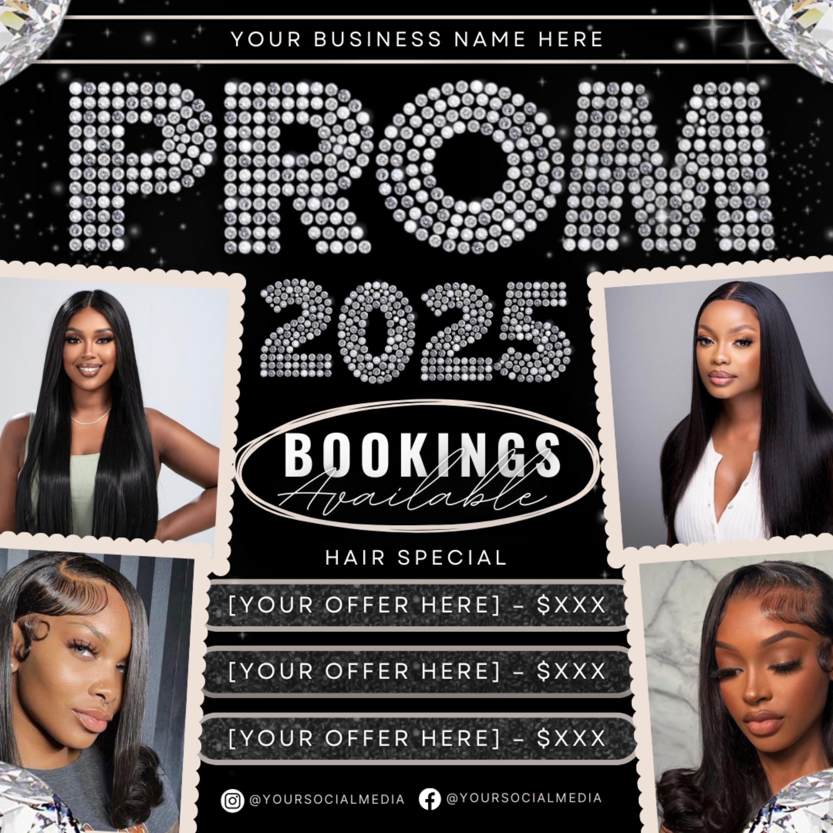 Prom Bookings Flyer, Prom Hair Flyer, Prom Queen MUA Flyer, Prom Flyer, Prom Hairstylist Nails Lashes Makeup MUA Flyer Braids Flyer Canva