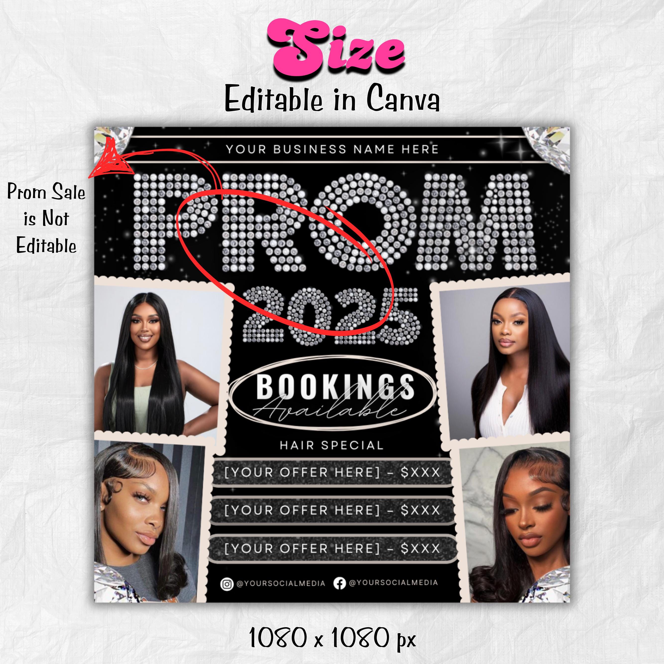 Prom Bookings Flyer, Prom Hair Flyer, Prom Queen MUA Flyer, Prom Flyer, Prom Hairstylist Nails Lashes Makeup MUA Flyer Braids Flyer Canva