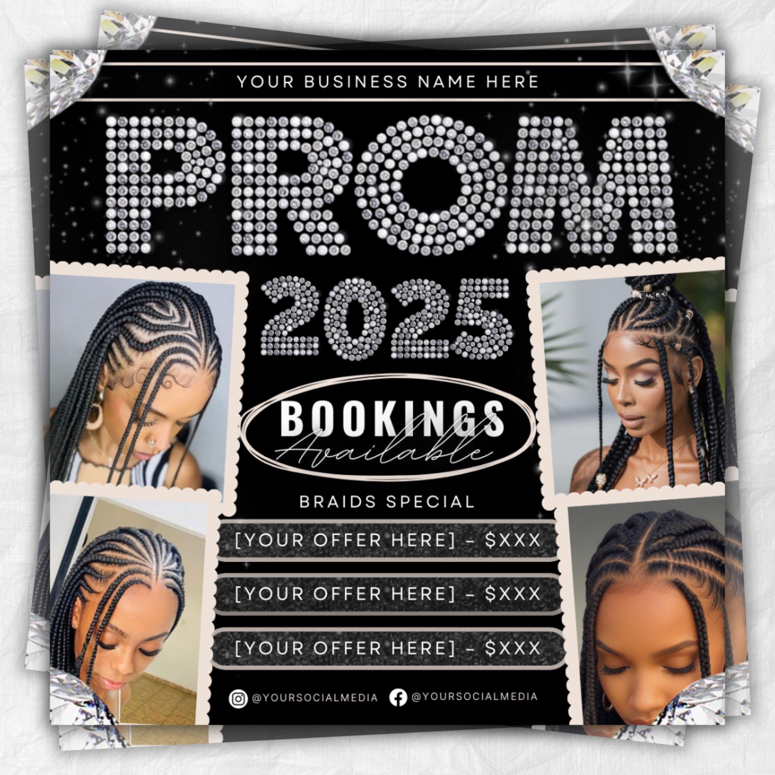 Prom Bookings Flyer, Prom Hair Flyer, Prom Queen MUA Flyer, Prom Flyer, Prom Hairstylist Nails Lashes Makeup MUA Flyer Braids Flyer Canva