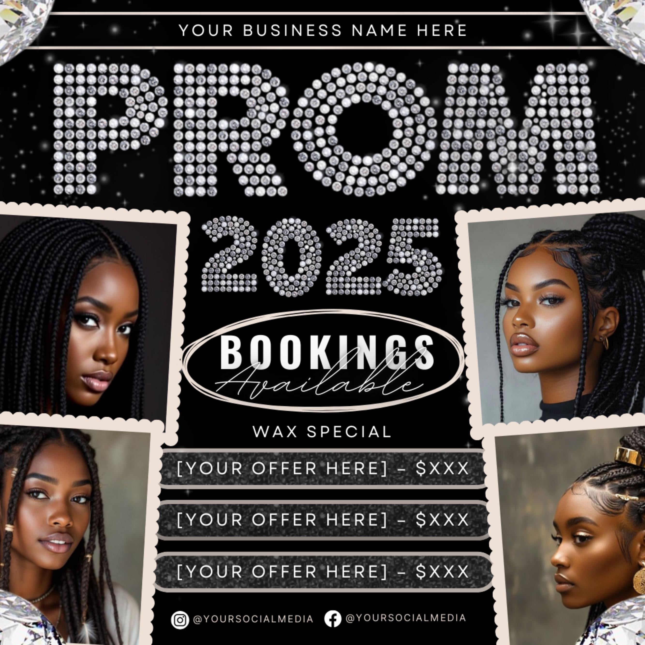 Prom Bookings Flyer, Prom Hair Flyer, Prom Queen MUA Flyer, Prom Flyer, Prom Hairstylist Nails Lashes Makeup MUA Flyer Braids Flyer Canva