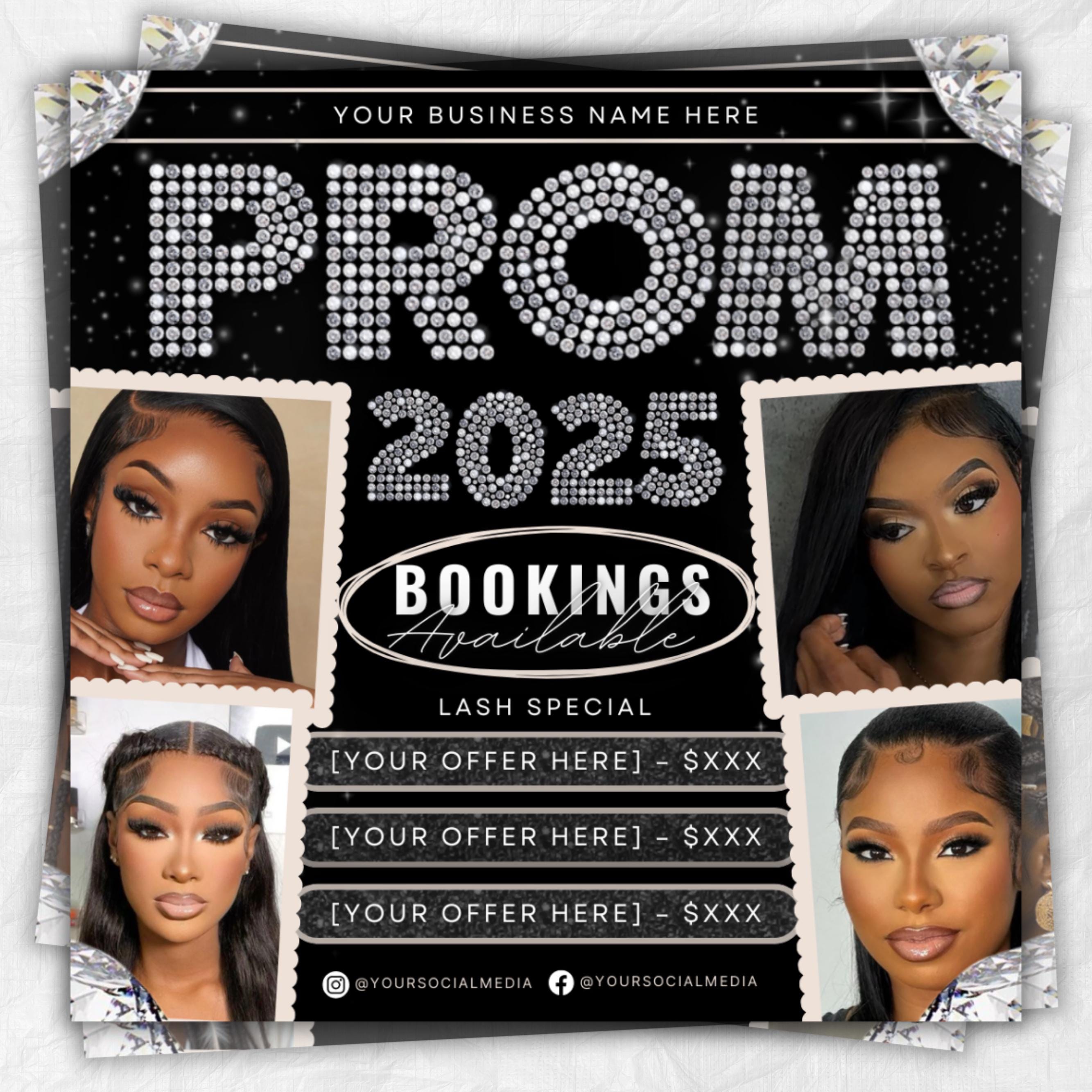 Prom Bookings Flyer, Prom Hair Flyer, Prom Queen MUA Flyer, Prom Flyer, Prom Hairstylist Nails Lashes Makeup MUA Flyer Braids Flyer Canva